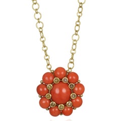 Faye Kim 18k Gold Red Coral Flower Pendant / Brooch with Raw Diamonds