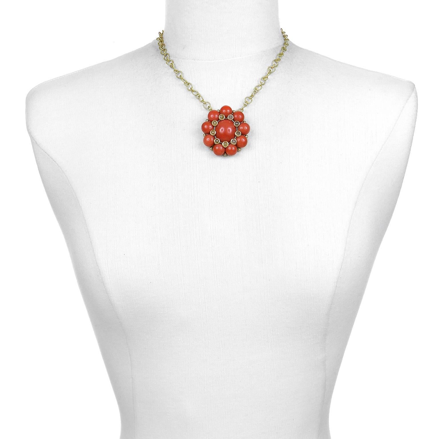 Contemporary Faye Kim 18k Gold Red Coral Flower Pendant / Brooch with Raw Diamonds