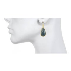 Faye Kim Blue Sapphire Gold Bezel Drop Earrings with Diamond