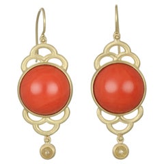 Faye Kim 18 Karat Gold Red Coral and Raw Diamond Scallop Drop Earrings