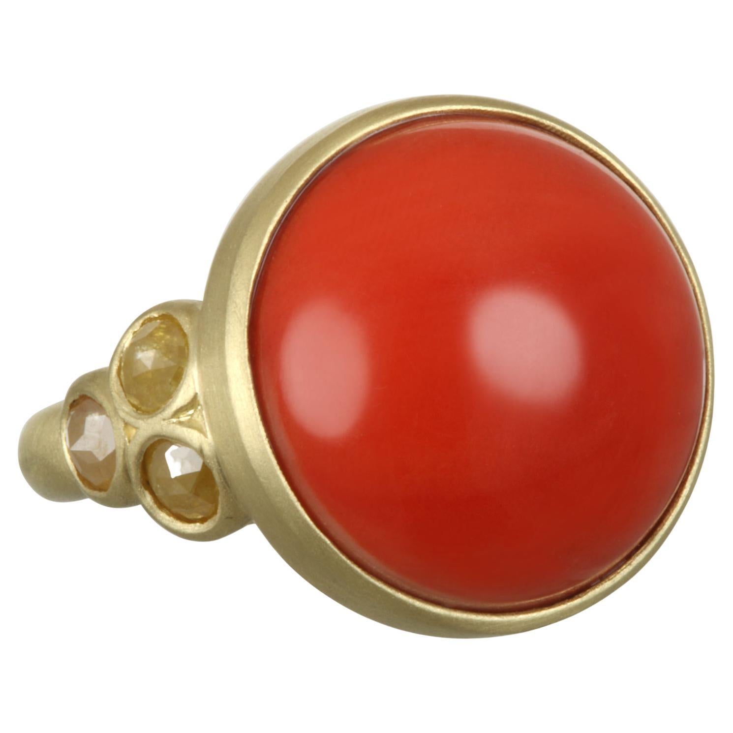 Faye Kim 18k Gold Red Coral and Raw Diamond Ring For Sale
