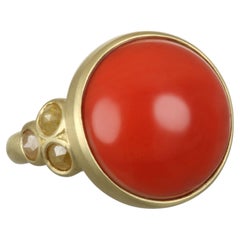 Faye Kim 18 Karat Gold Red Coral and Raw Diamond Ring