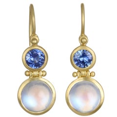 Faye Kim Moonstone Blue Sapphire Gold Double Hinge Earrings
