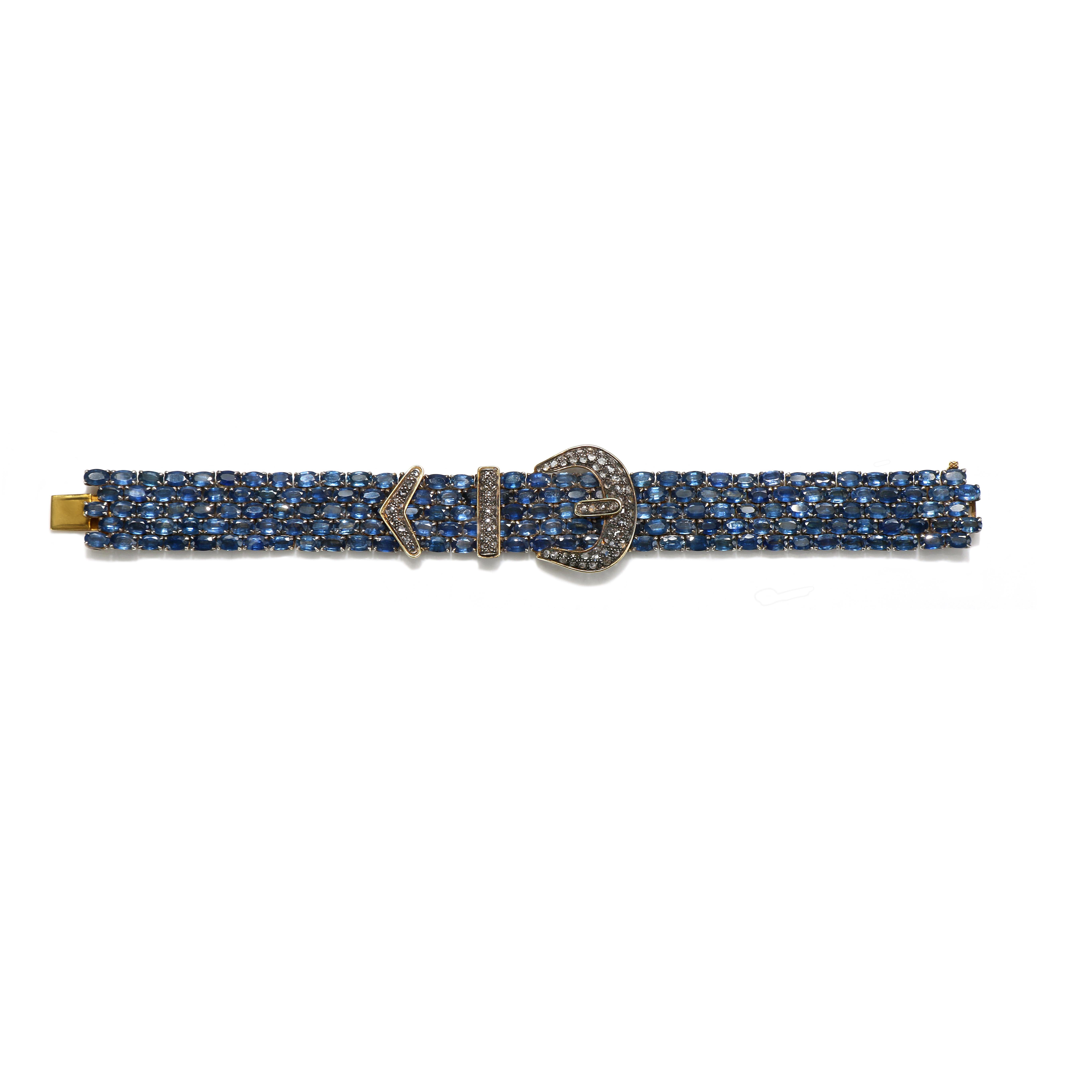 Taille mixte Bracelet maille vintage en argent sterling et or 14 carats avec diamants et saphirs en vente