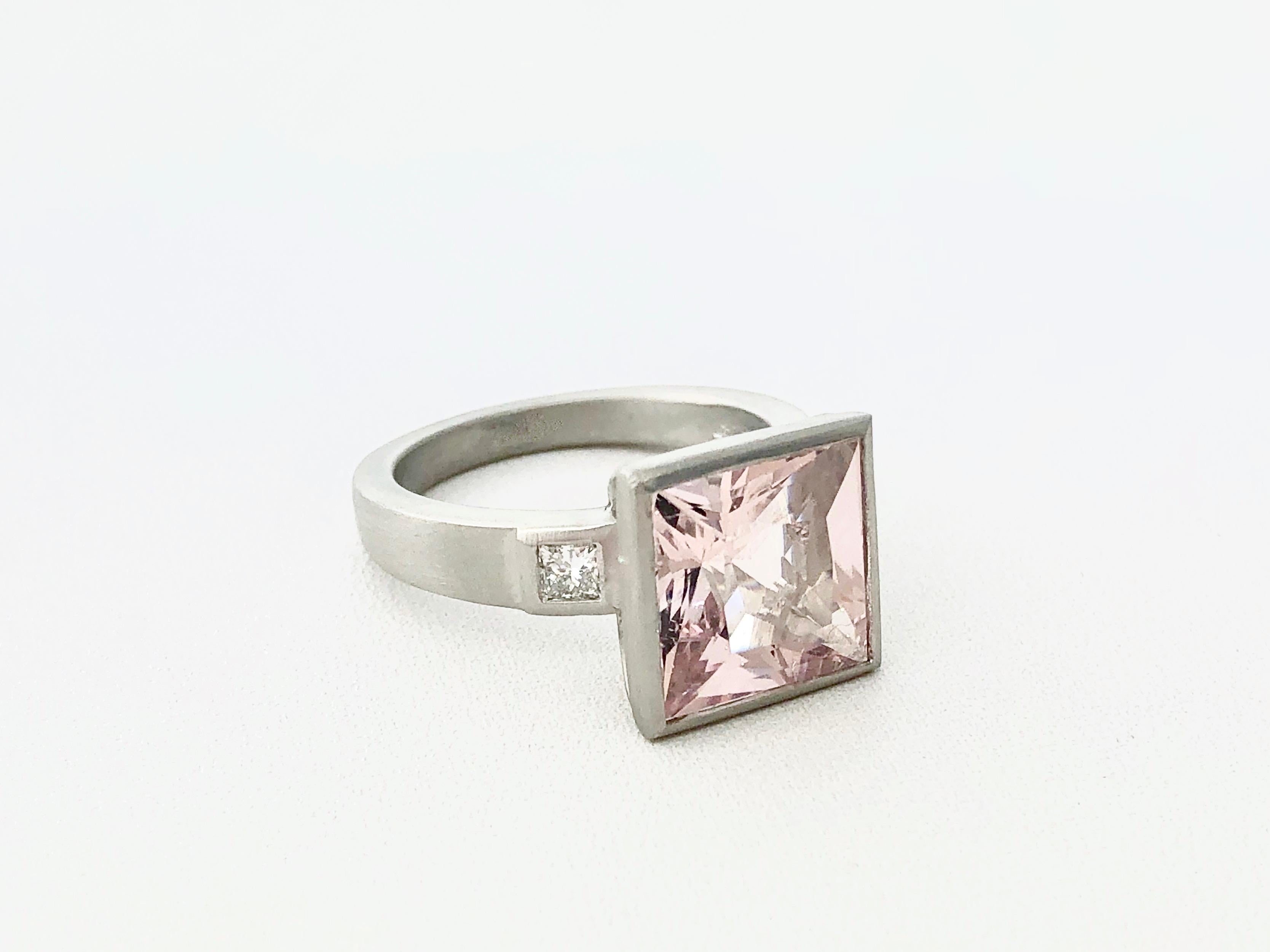 Faye Kim Platinum Princess Cut 4.20 Carat Pink Morganite Ring with Diamonds In New Condition In Westport, CT