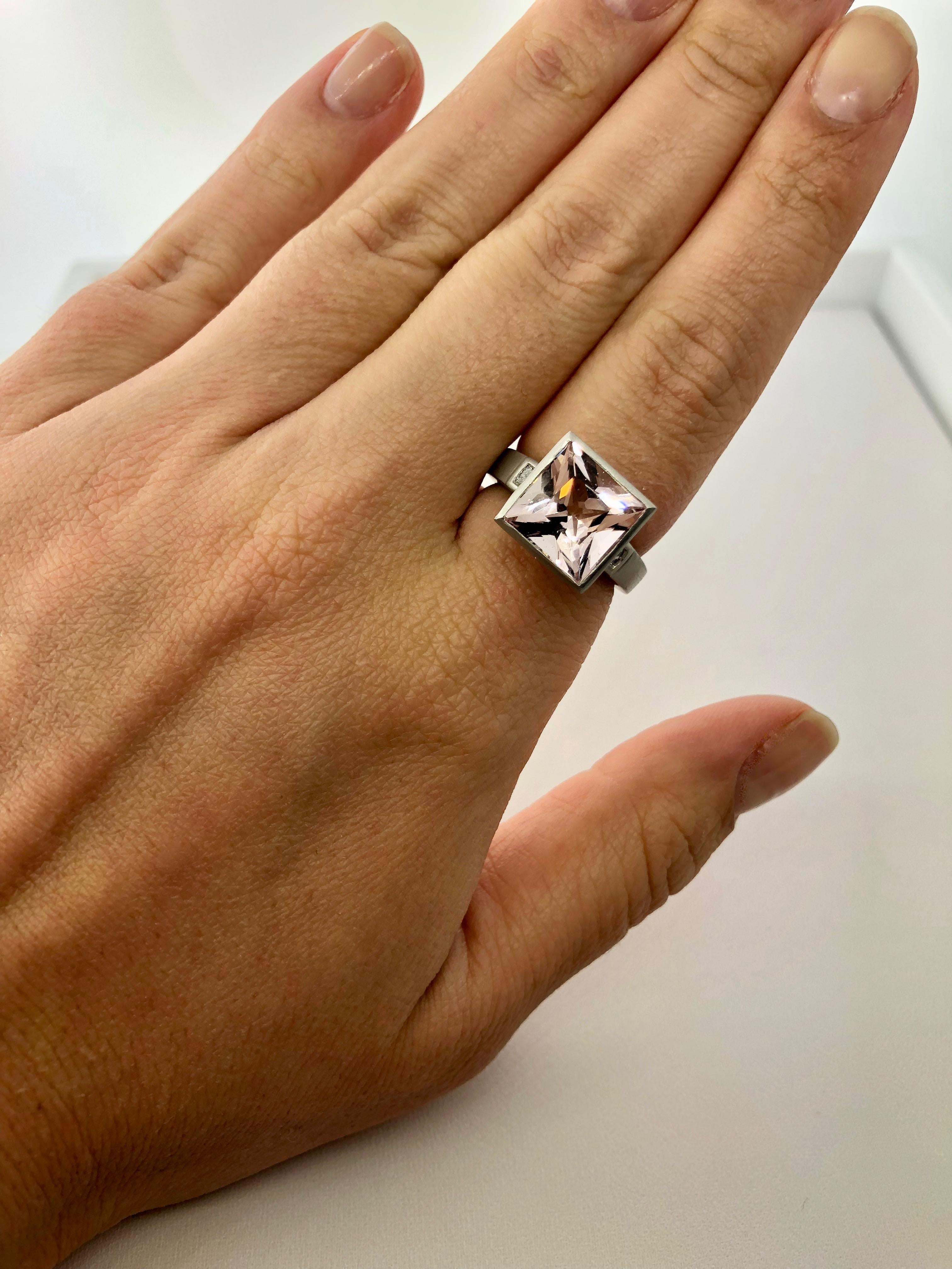 Faye Kim Platinum Princess Cut 4.20 Carat Pink Morganite Ring with Diamonds 1