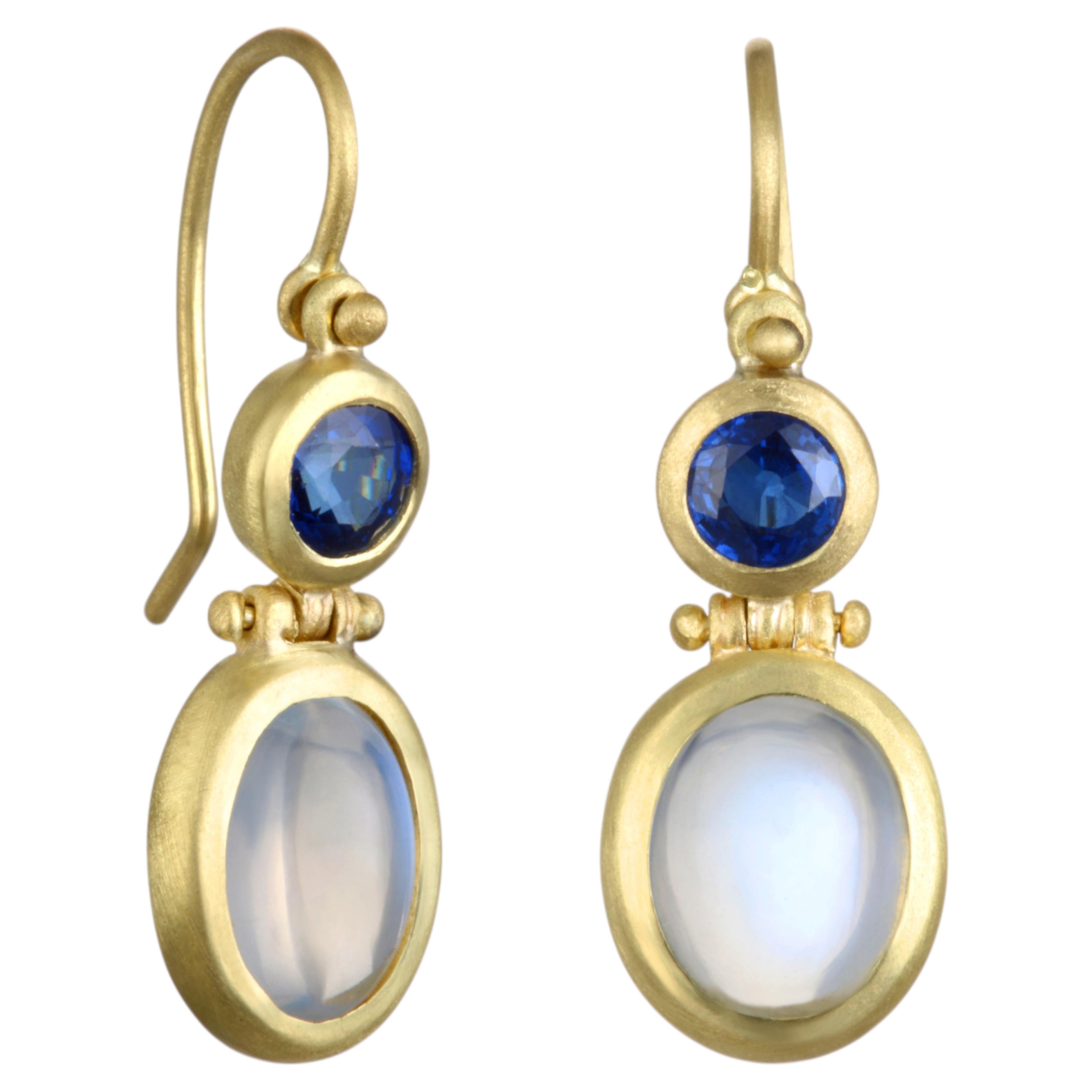 Faye Kim 18 Karat Gold Moonstone and Ceylon Blue Sapphire Drop Earrings