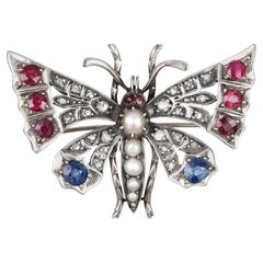 Victorian Silver-Gilt Diamond, Sapphire, Ruby and Pearl Butterfly Brooch