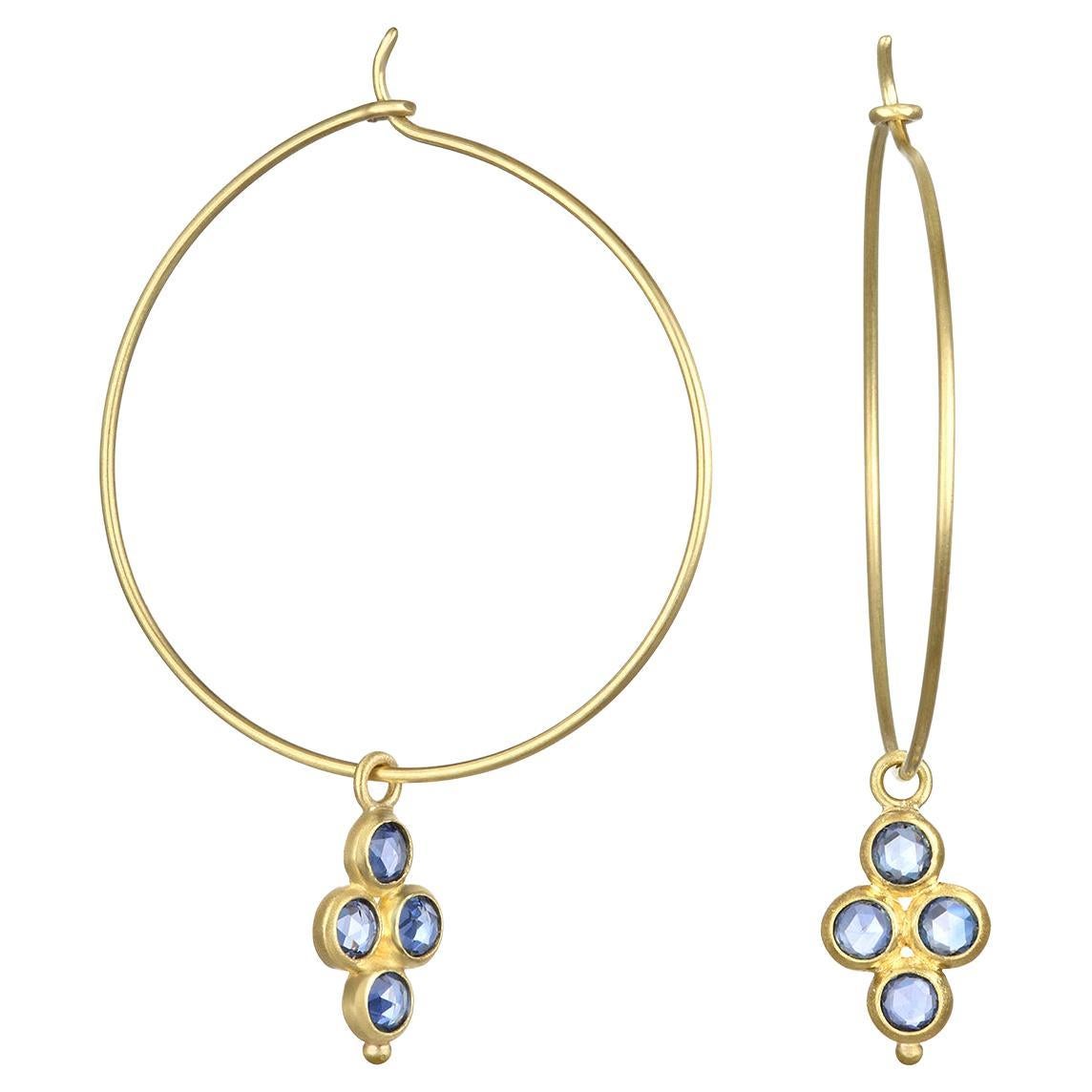 Faye Kim 18 Karat Gold Wire Hoop Earrings with Blue Sapphire Drops For Sale