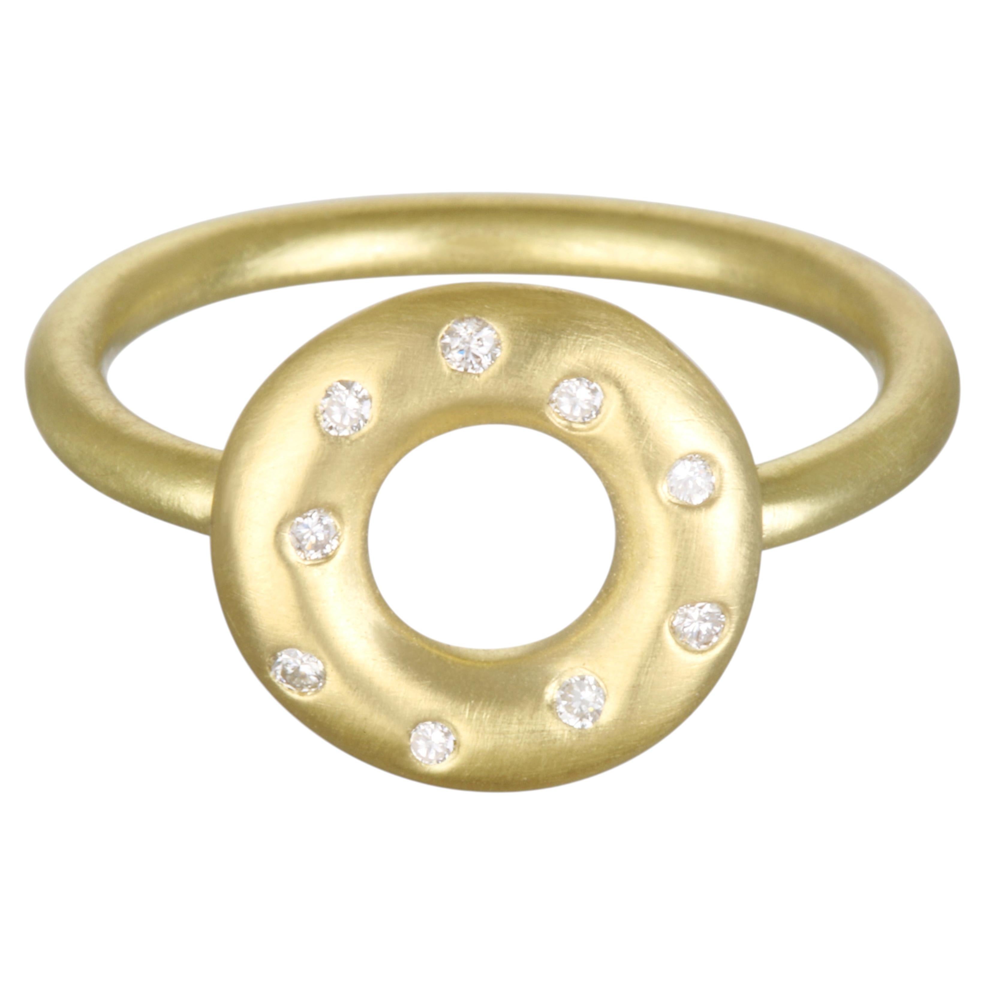 Faye Kim 18K Green Gold Lifesaver Ring with White Diamonds, Size 6.5 For Sale