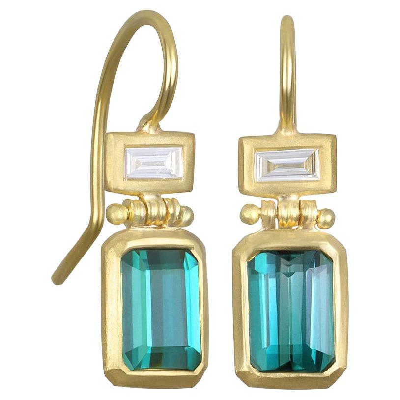 Faye Kim 18 Karat Gold Blue Green Tourmaline and Diamond Hinge Earrings