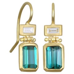 Faye Kim 18 Karat Gold Blue Green Tourmaline and Diamond Hinge Earrings