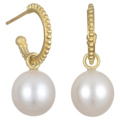 Faye Kim 18 Karat Gold Granulation Hoops with Freshwater Pearl Drops