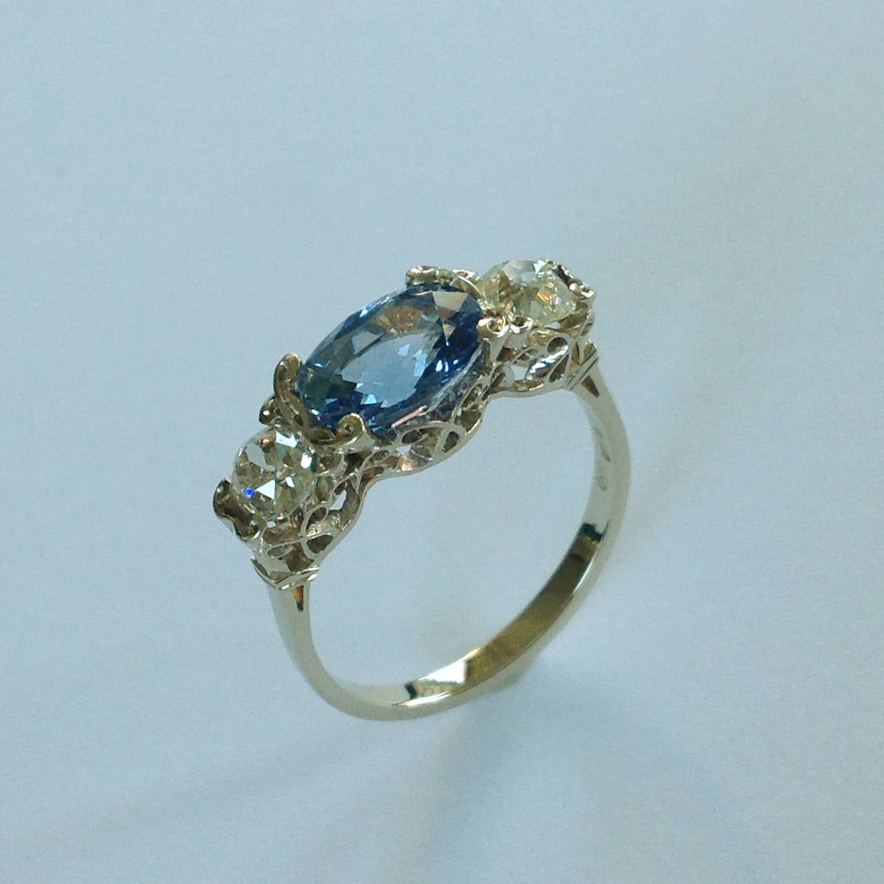 Oval Cut Dalben Sapphire Diamond Gold Engagement Ring For Sale