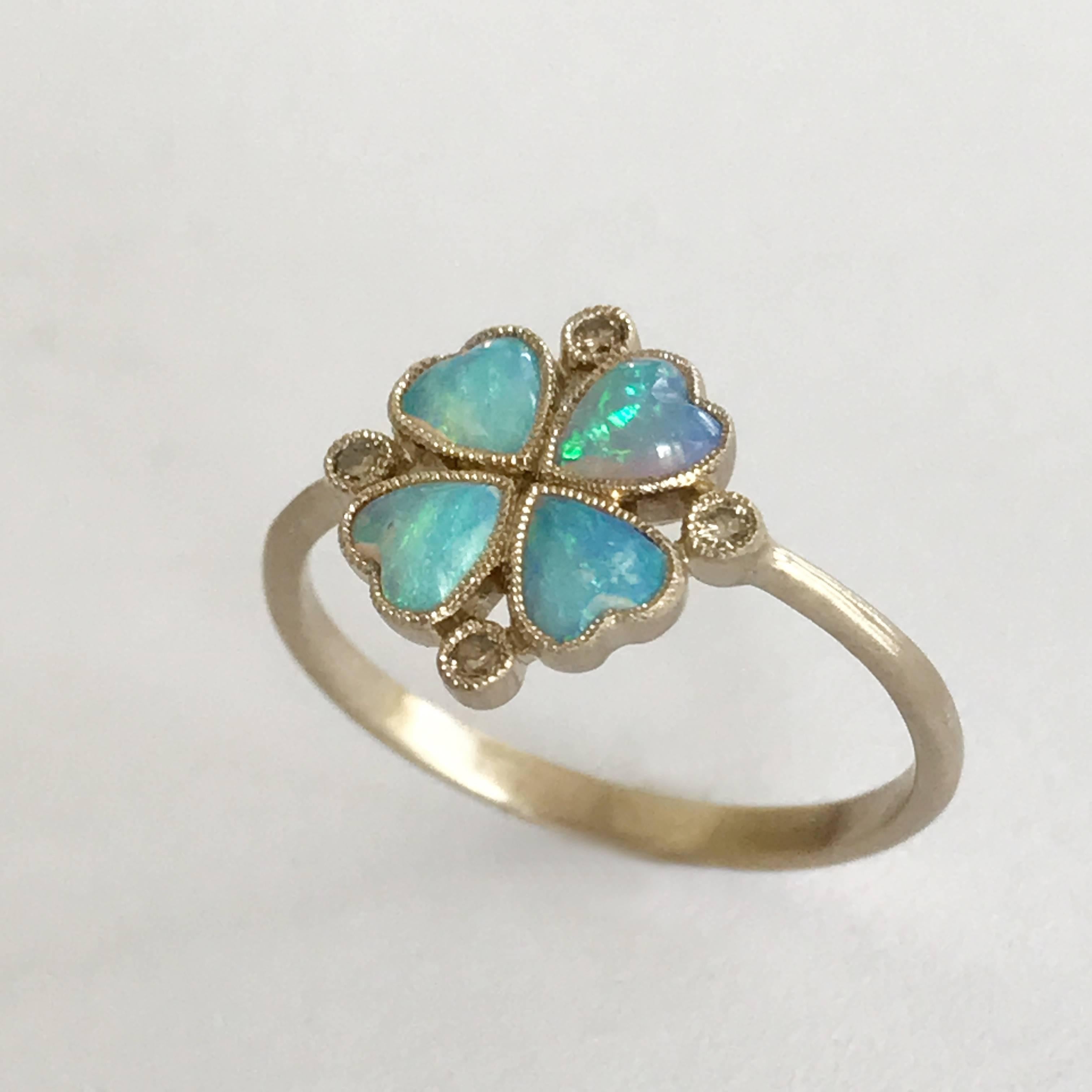 Contemporary Dalben Opal Diamond and Gold Four-Leaf Clover Little Ring