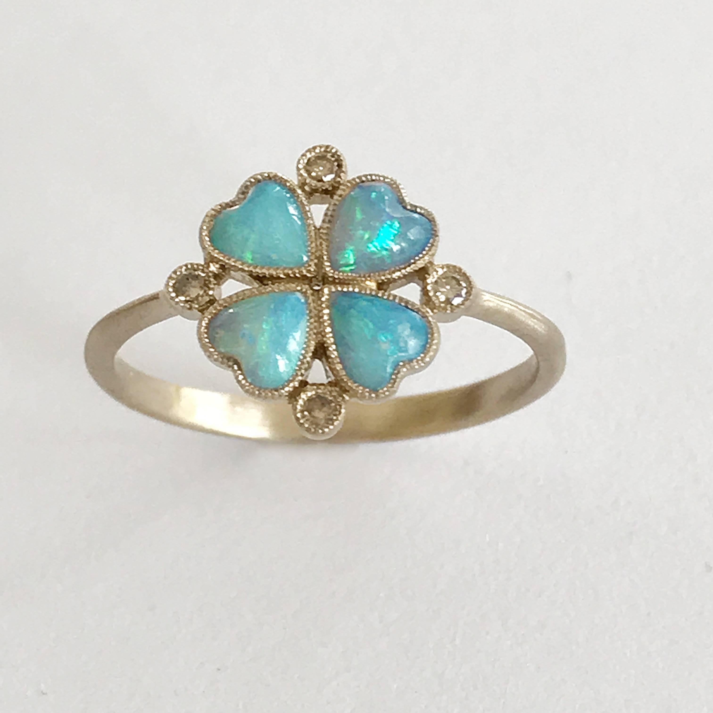 Heart Cut Dalben Opal Diamond and Gold Four-Leaf Clover Little Ring
