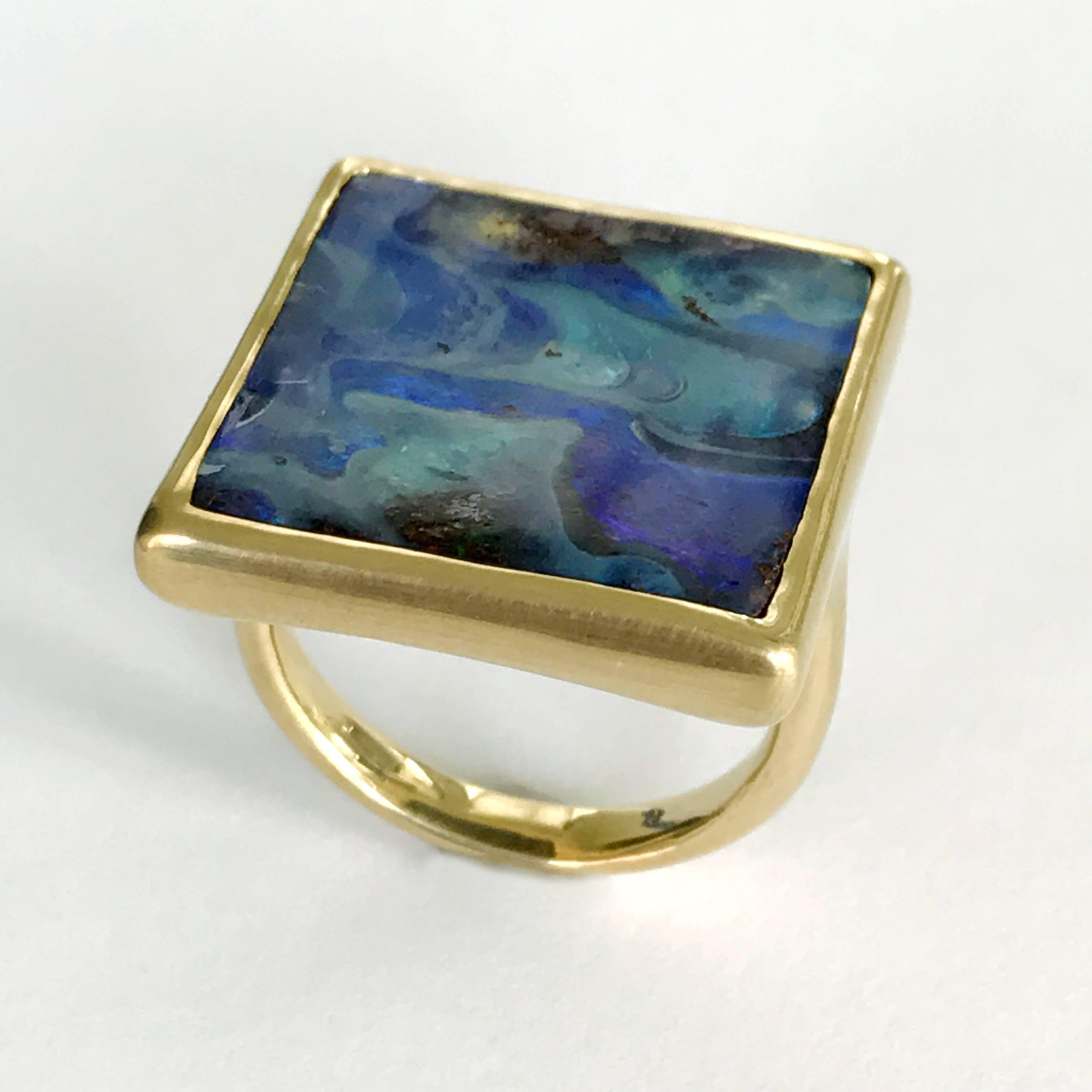 Contemporary Dalben Blue Rectangular Boulder Opal Yellow Gold Ring