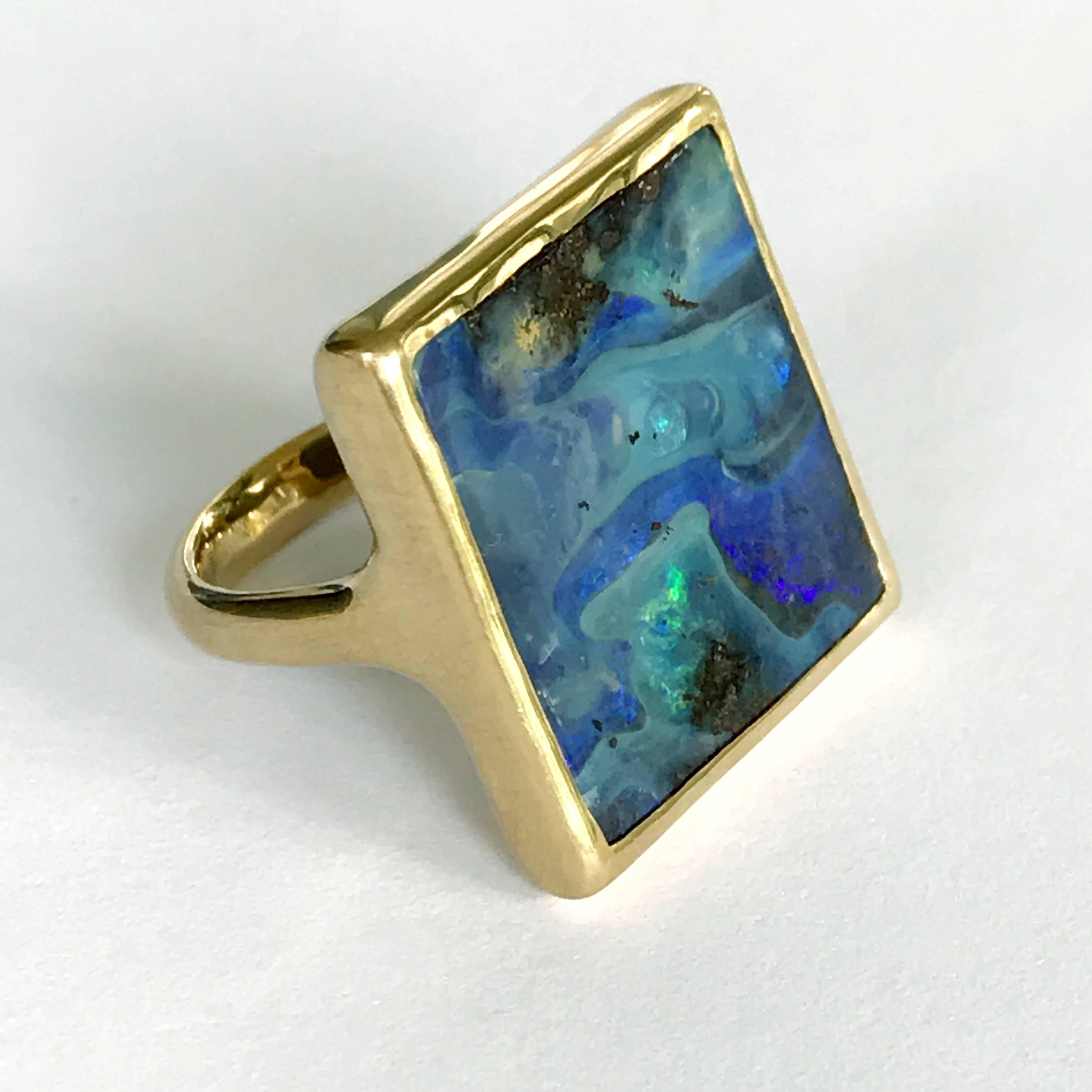 Dalben Blue Rectangular Boulder Opal Yellow Gold Ring 3