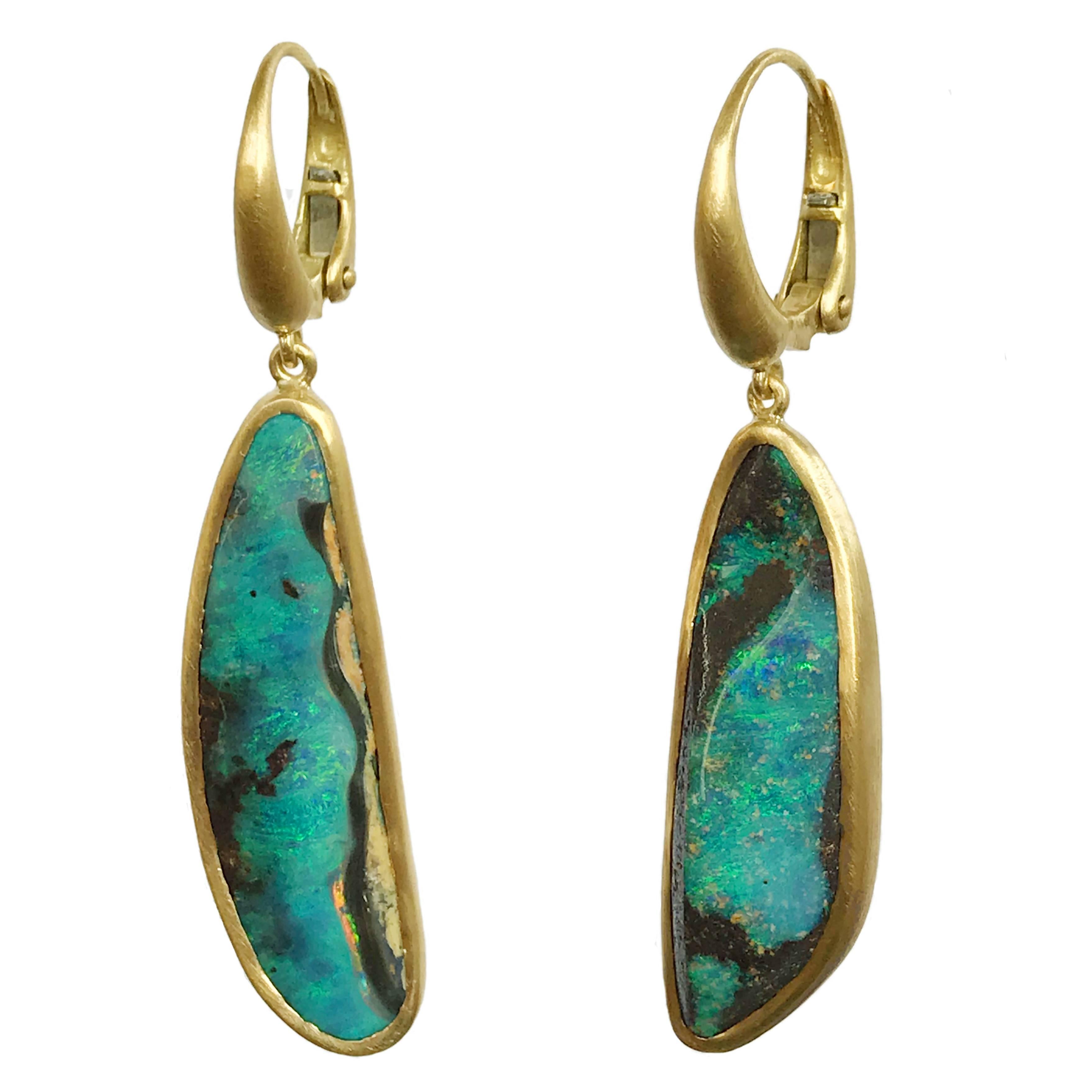 Dalben Blue Australian Boulder Opal Yellow Gold Dangle Earrings