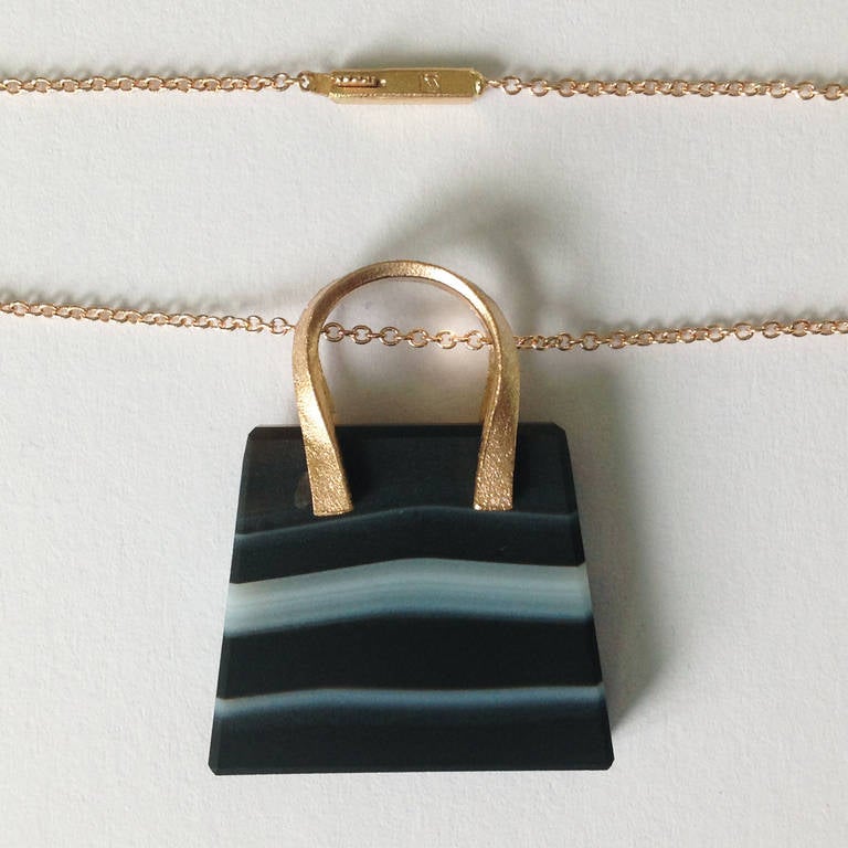 Contemporary Dalben Banded Agate Rose Gold Bag Necklace For Sale