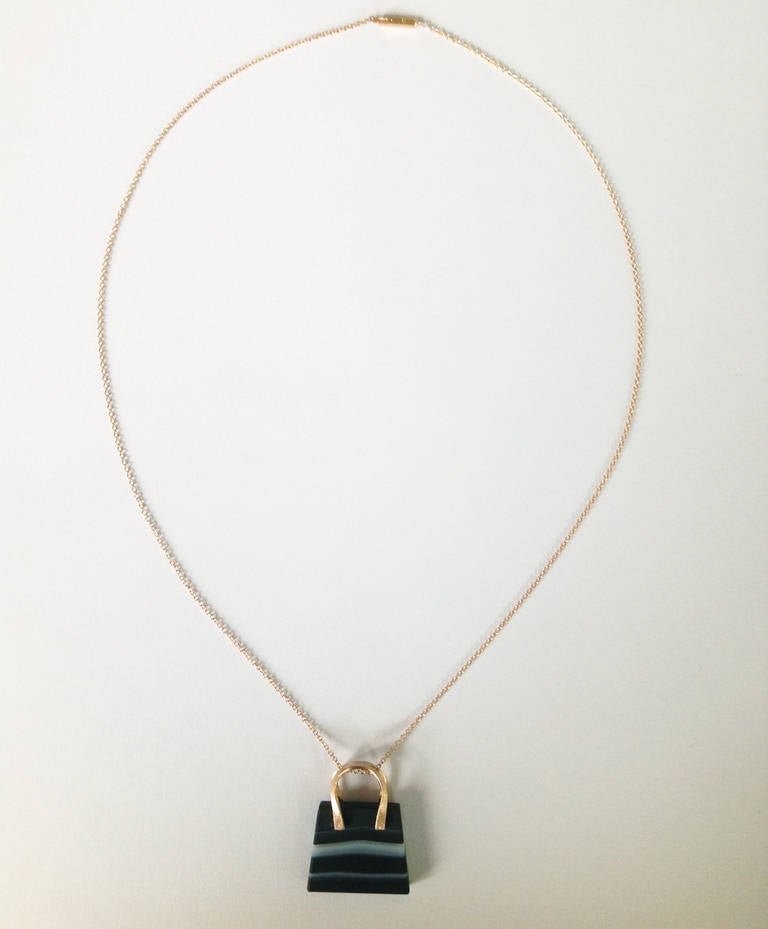 Square Cut Dalben Banded Agate Rose Gold Bag Necklace For Sale