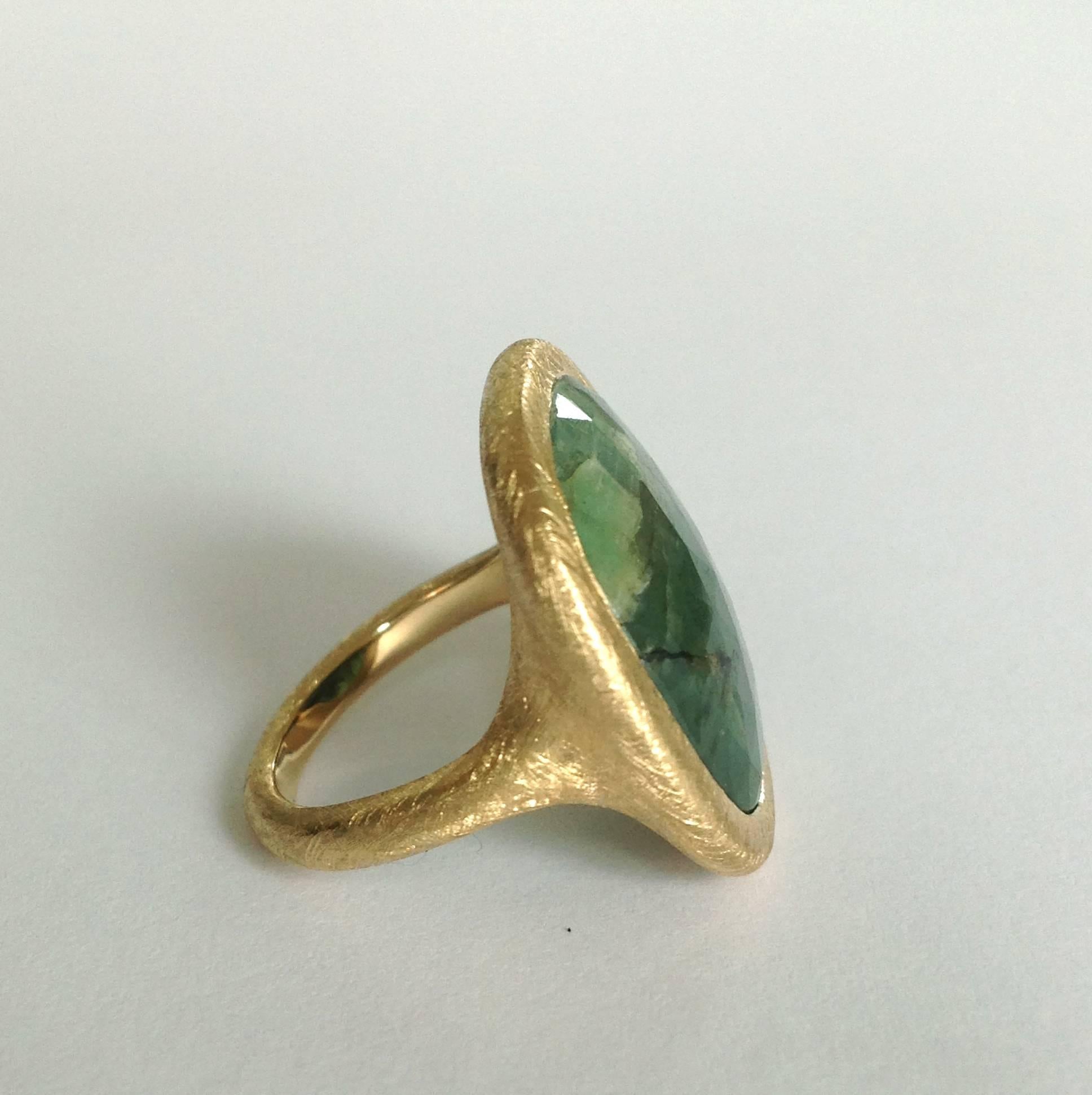 Dalben design One of a Kind 18k yellow gold scratch handmade finishing ring with a 11.14 carat bezel-set faceted raw Emerald slice.  Ring size 7 1/2 - EU 56 re-sizable to most finger sizes.  The ring is completely hand made in our atelier in Italy