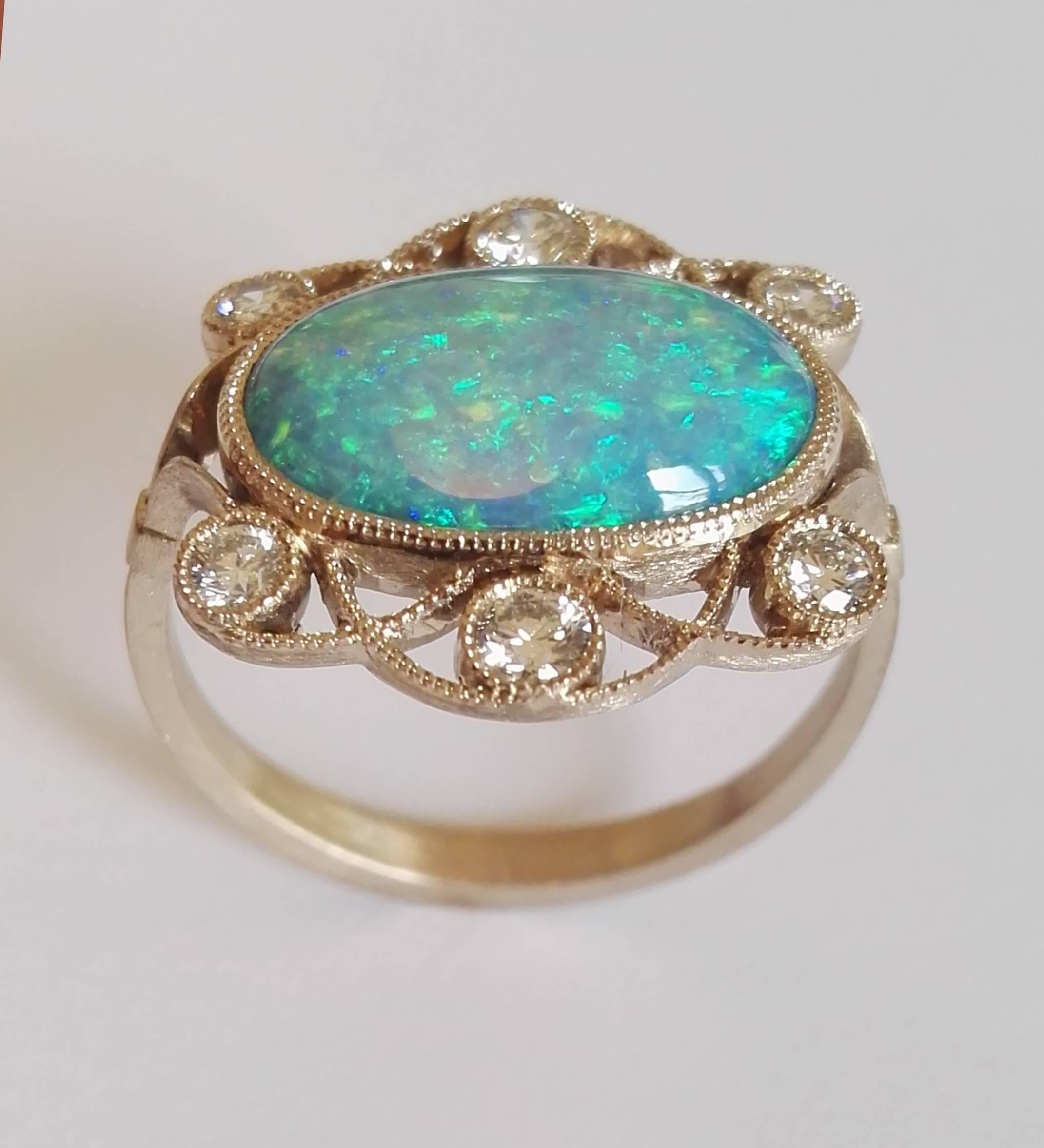 Contemporary Dalben Australian Opal Diamond White Gold Ring