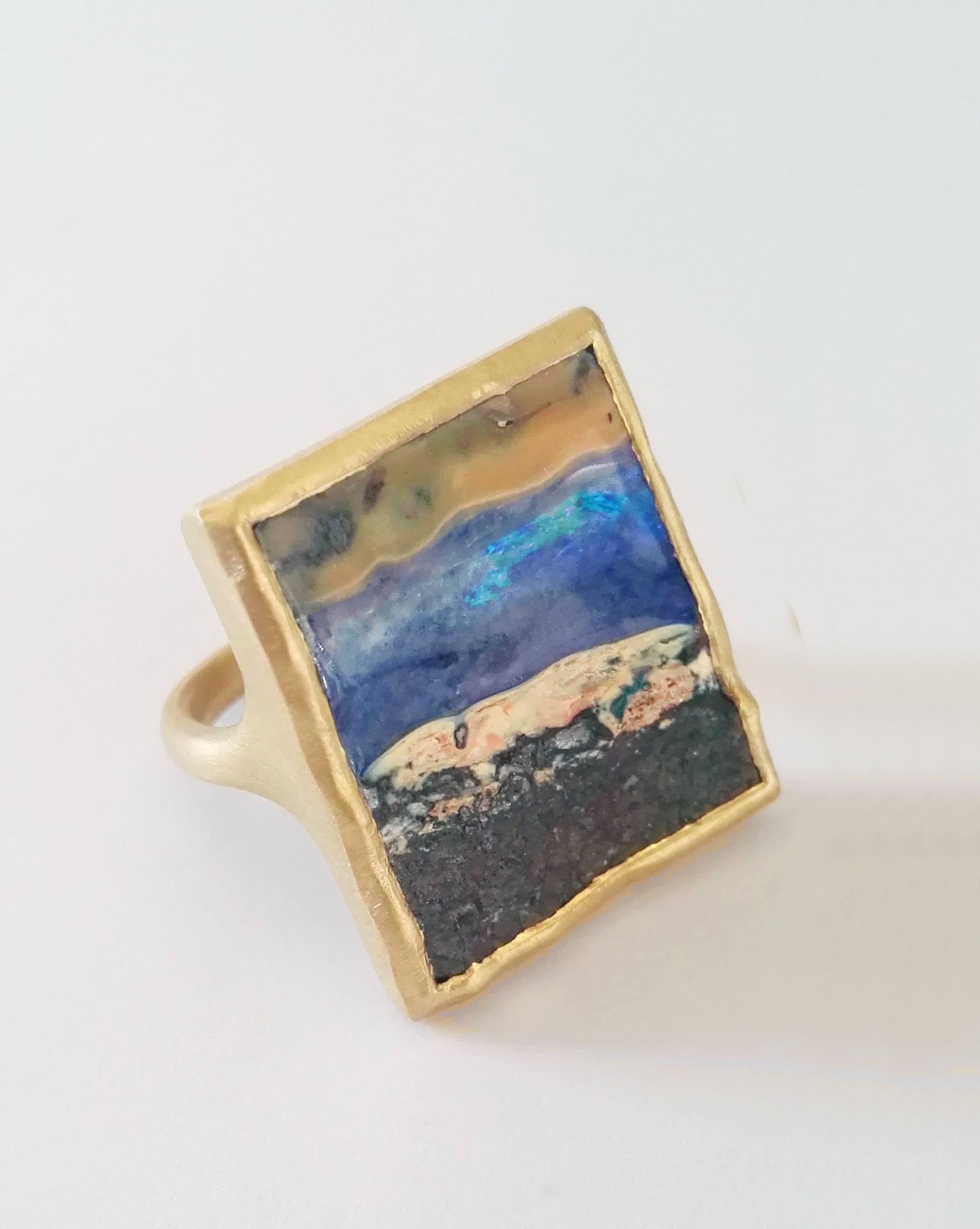 Women's or Men's Dalben Unique Boulder Opal Satin Gold Ring