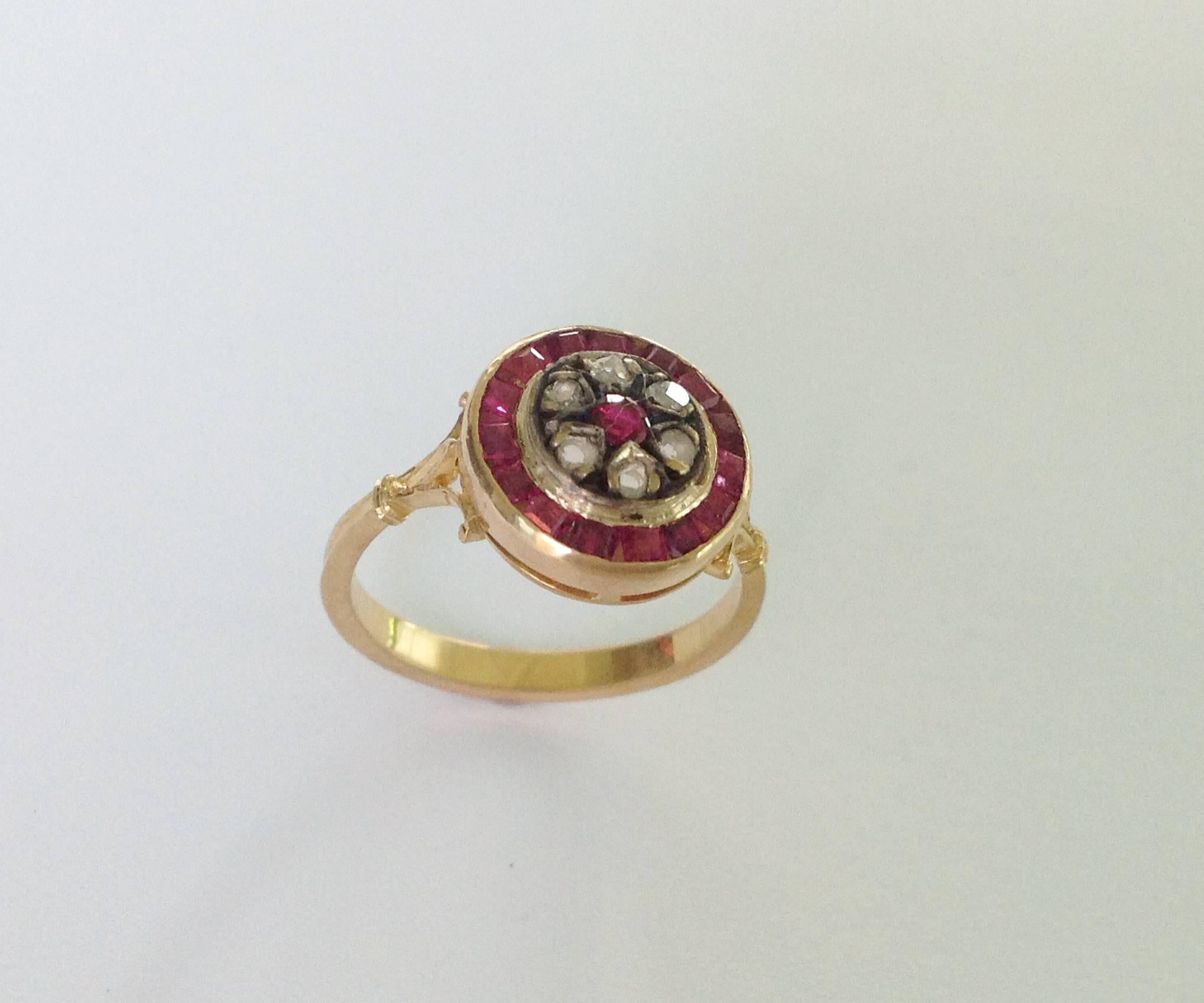 Rose Cut 1920s Ruby rose cut diamond Silver Gold Ring