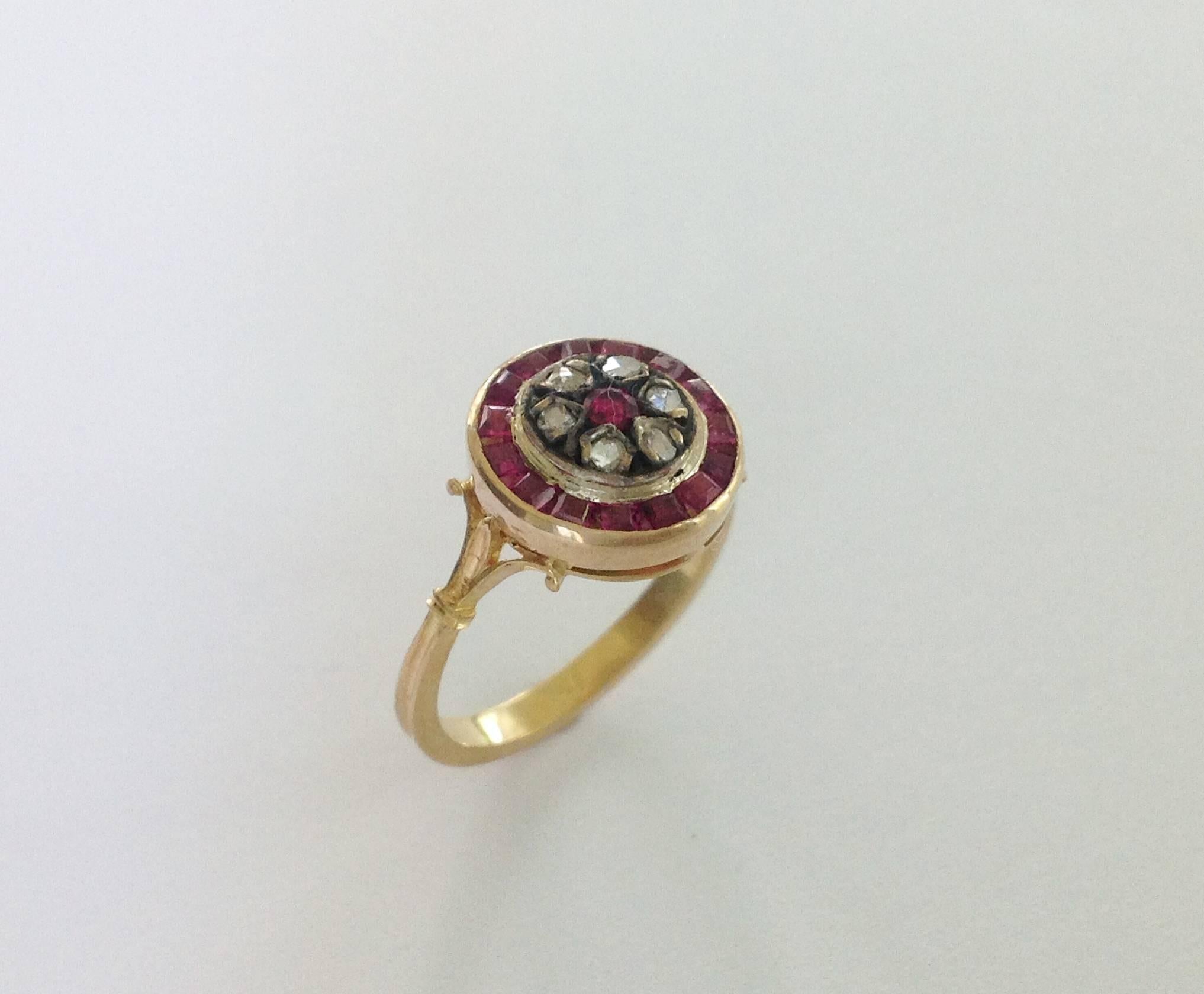 1920s Ruby rose cut diamond Silver Gold Ring In Excellent Condition In Como, IT
