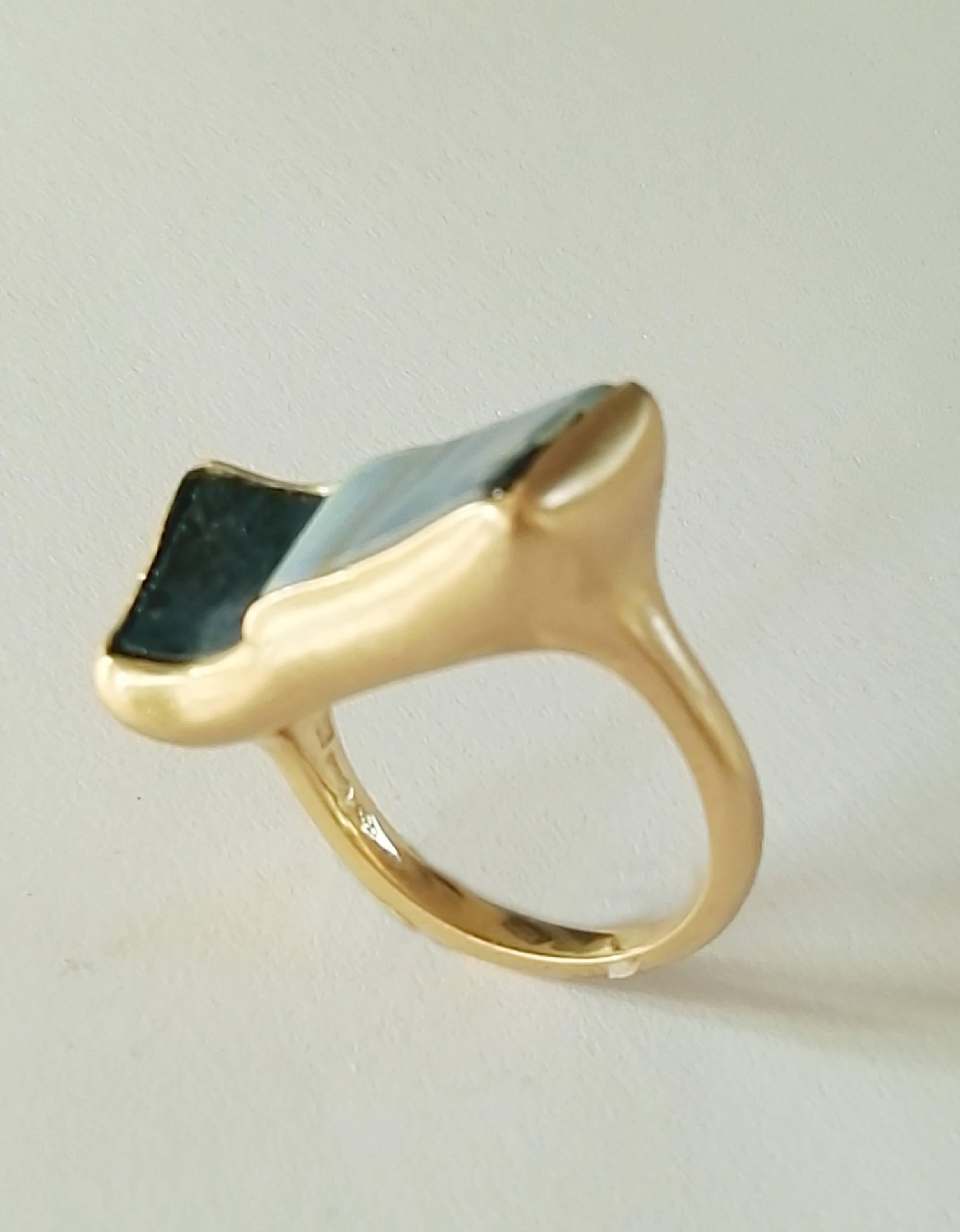 Dalben design One of a kind 18k yellow gold matte finishing ring with a 11,70 carat bezel-set rectangular Australian Boulder Opal.
Ring size 7 1/4 - EU 55 re-sizable to most finger sizes-
Bezel setting dimension: width 25 mm, height 12,8 mm. 
The