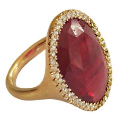 Dalben Red Faceted Sapphire Rose Cut Diamond Gold Ring 5
