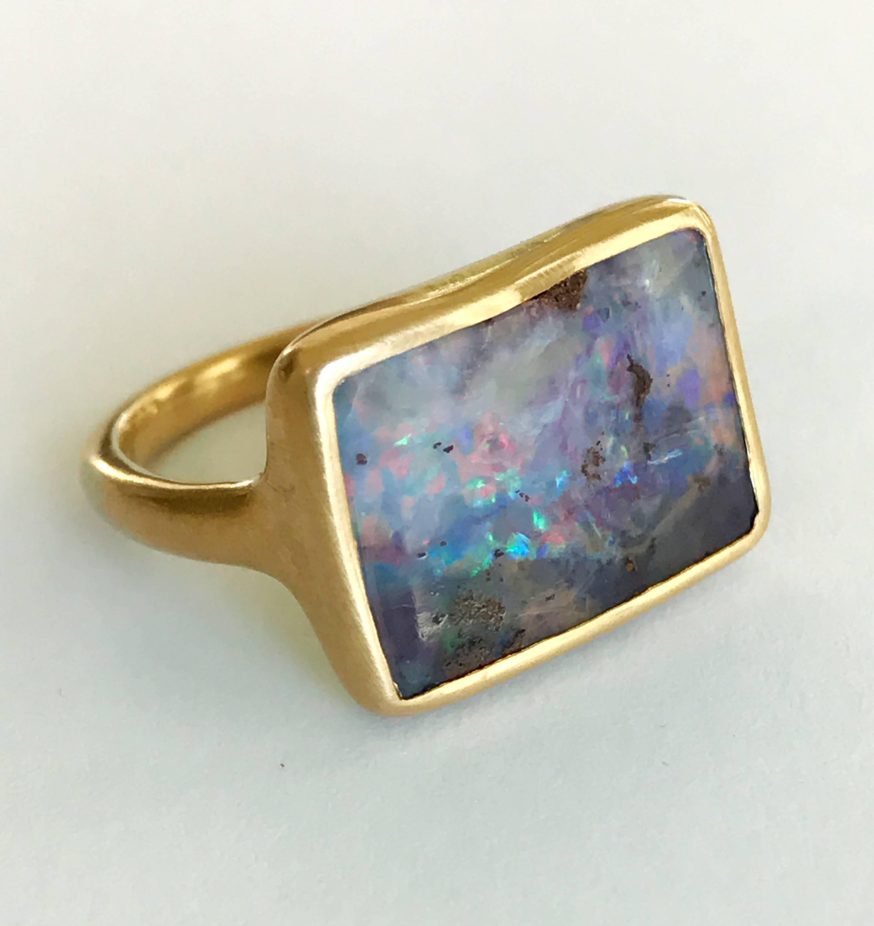 Dalben design One of a kind 18k yellow gold matte finishing ring with a bezel-set Boulder Opal. This Australian Bouder Opal have the colors of a wonderfull sunset. Ring size 6 3/4 USA  - 54 EU re-sizable to most finger sizes. 
Bezel setting