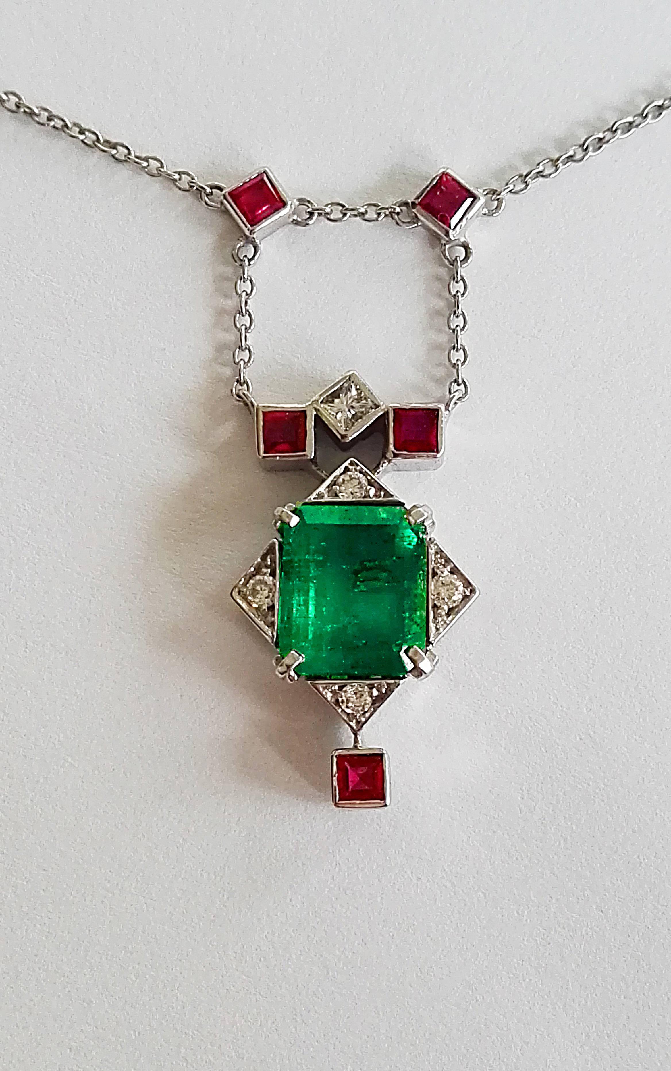 Contemporary Dalben Emerald Ruby Diamond Gold Pendant Necklace For Sale