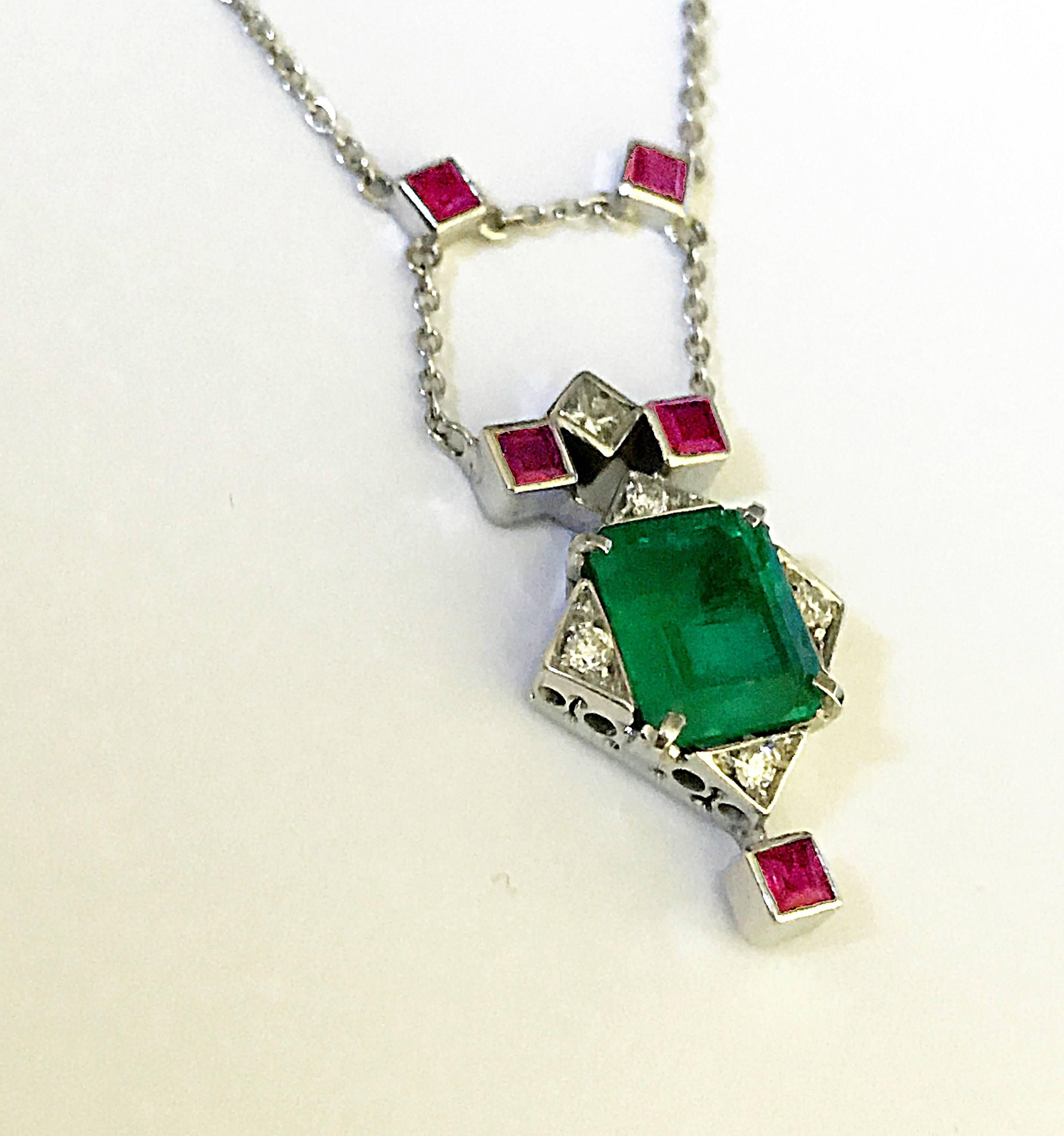 Emerald Cut Dalben Emerald Ruby Diamond Gold Pendant Necklace For Sale