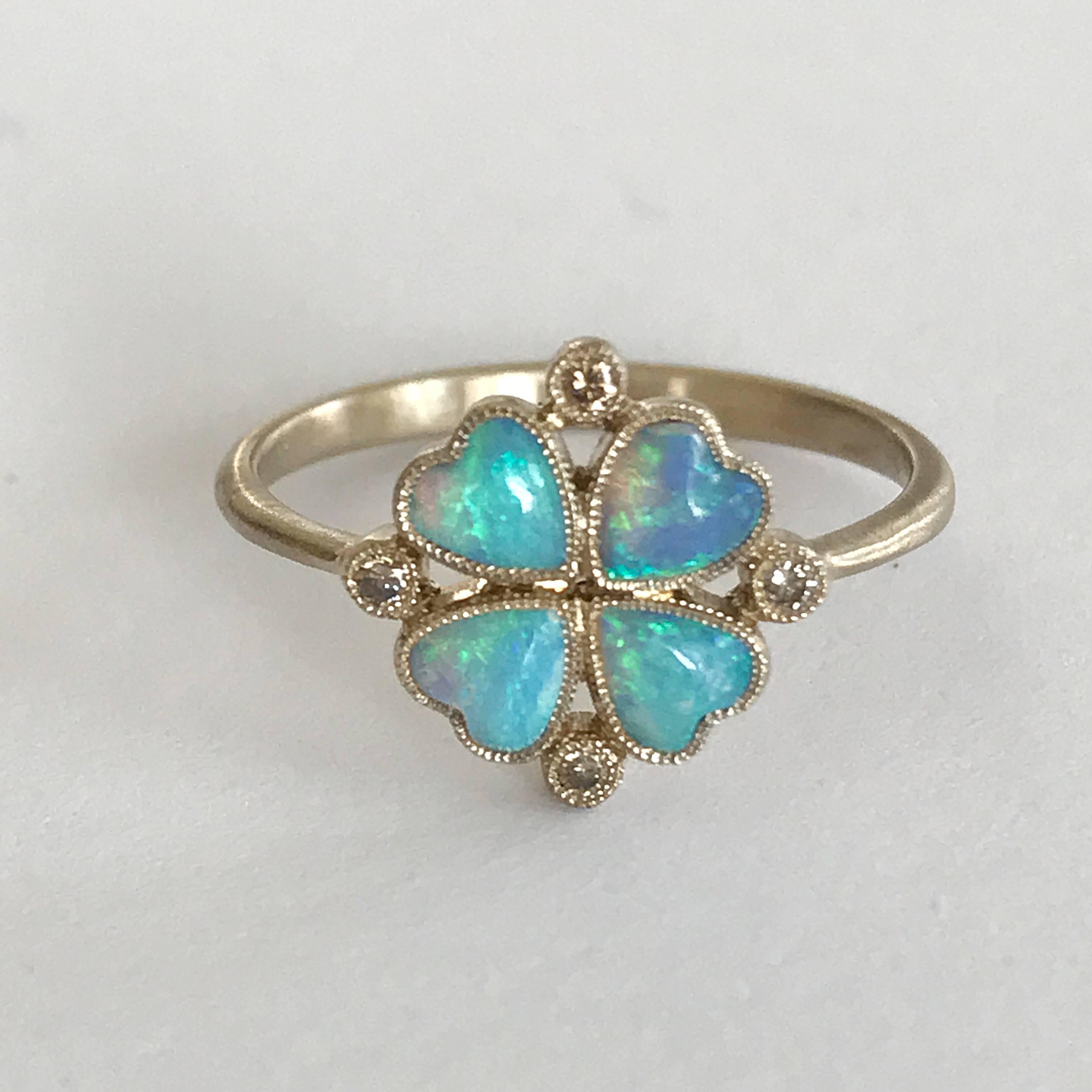 Women's Dalben Opal Diamond and Gold Four-Leaf Clover Little Ring