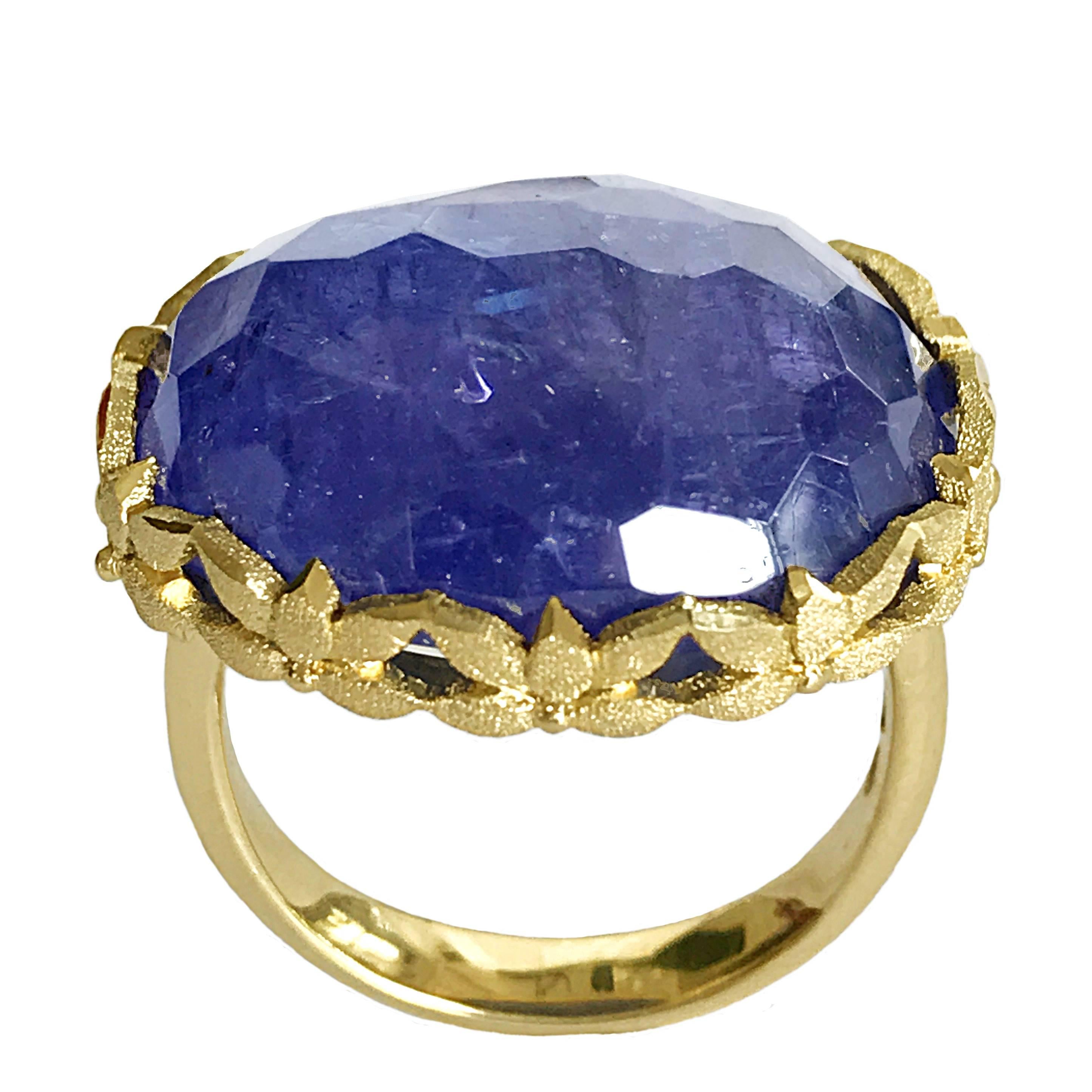 Dalben Oval Tanzanite Engraved Gold Cocktail Ring For Sale