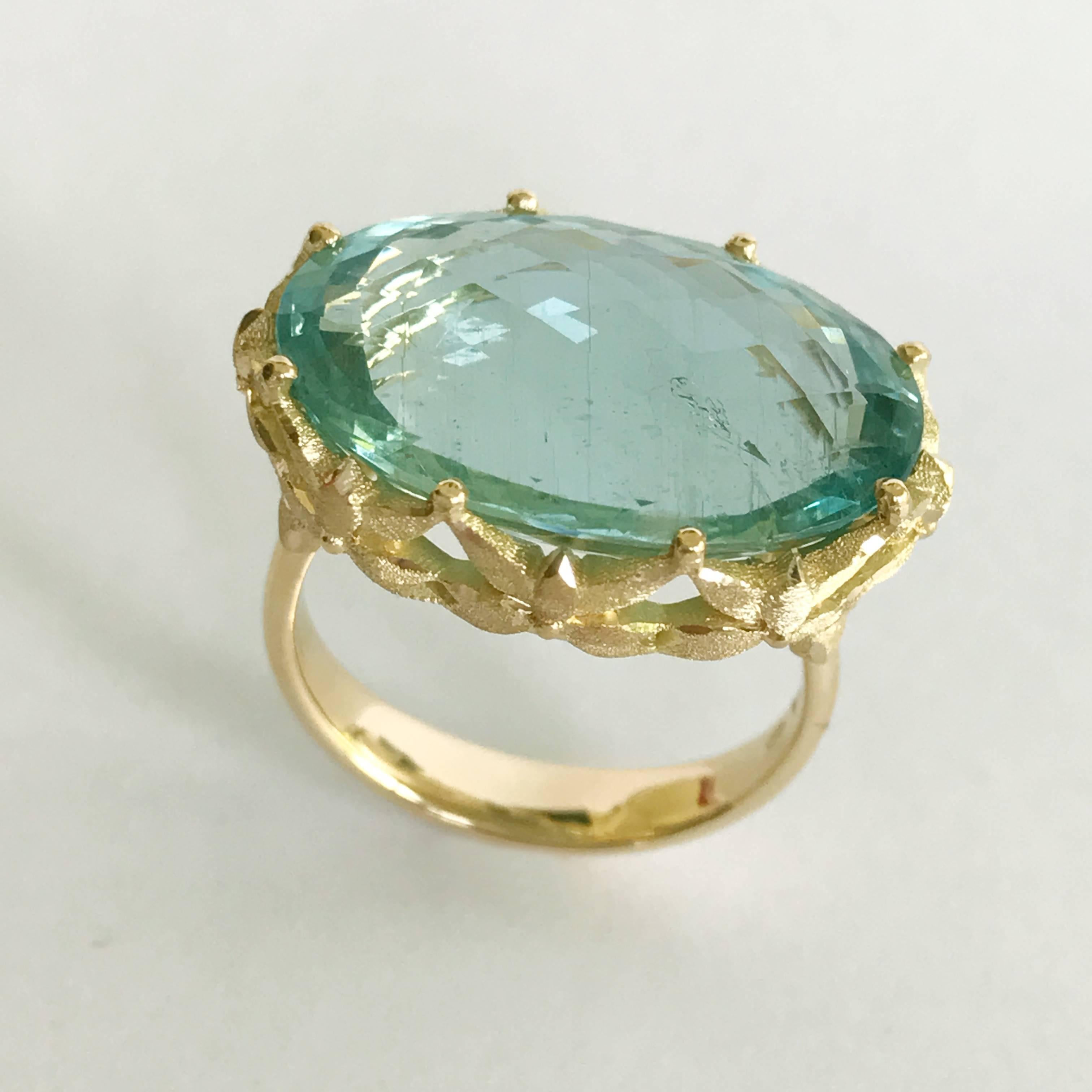 Oval Cut Dalben Aquamarine Gold Cocktail Ring