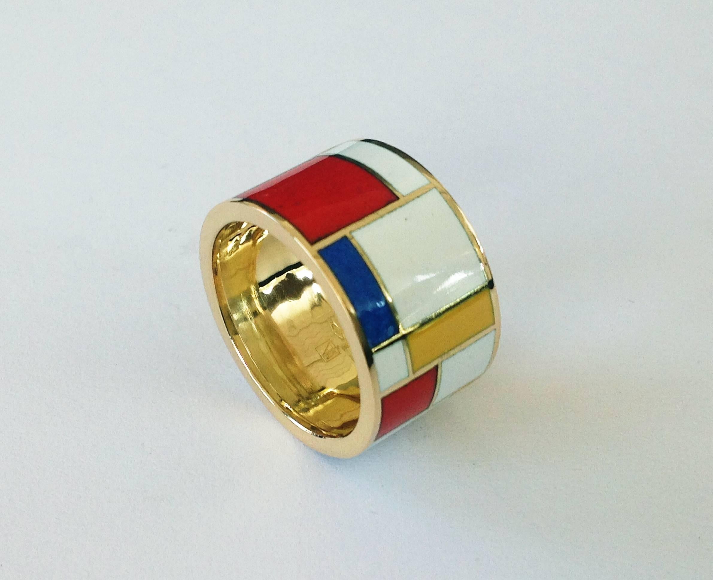 Contemporary Dalben Homage to Mondrian Unisex Enamel Gold Ring For Sale