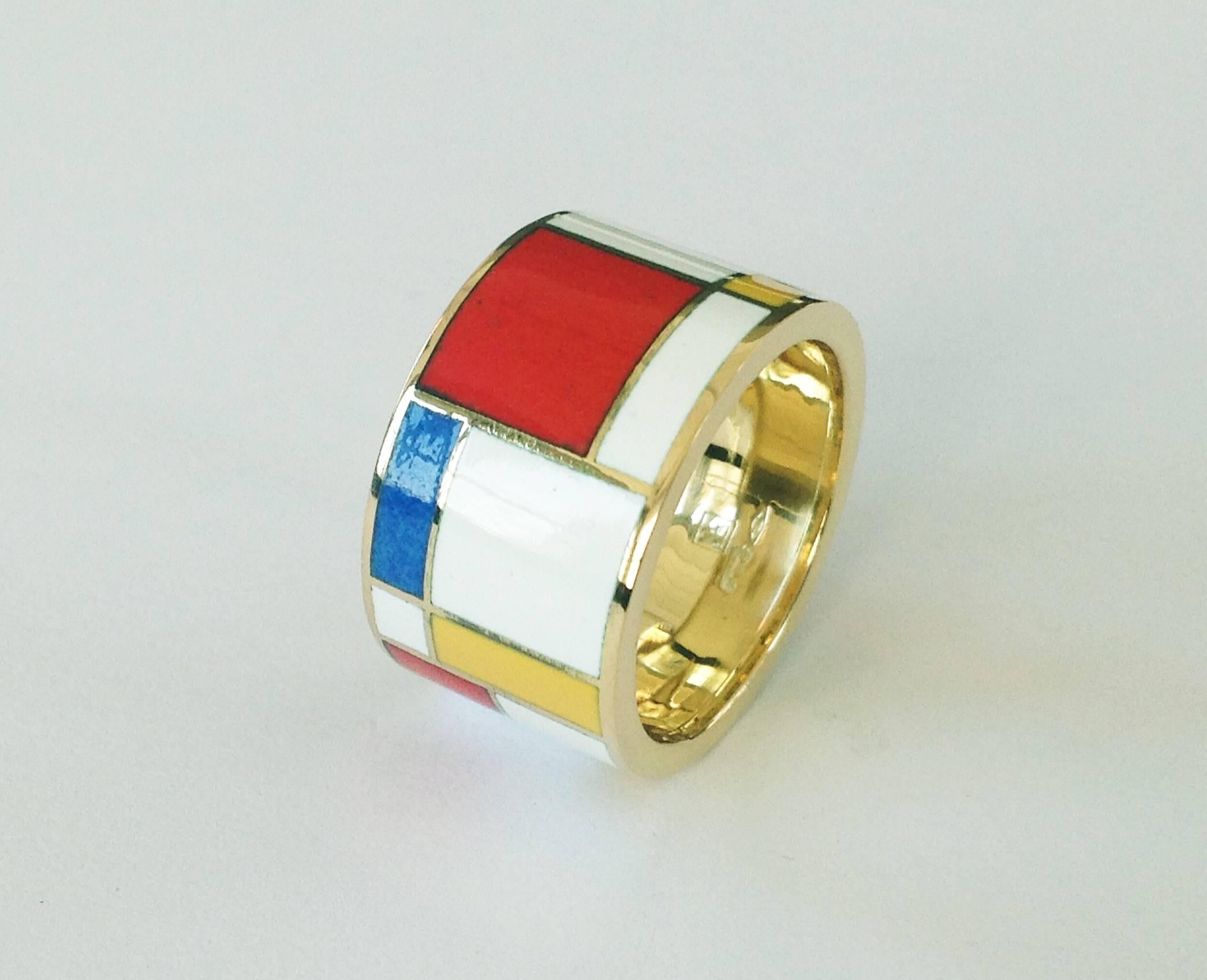 Dalben Homage to Mondrian Unisex Enamel Gold Ring In New Condition For Sale In Como, IT