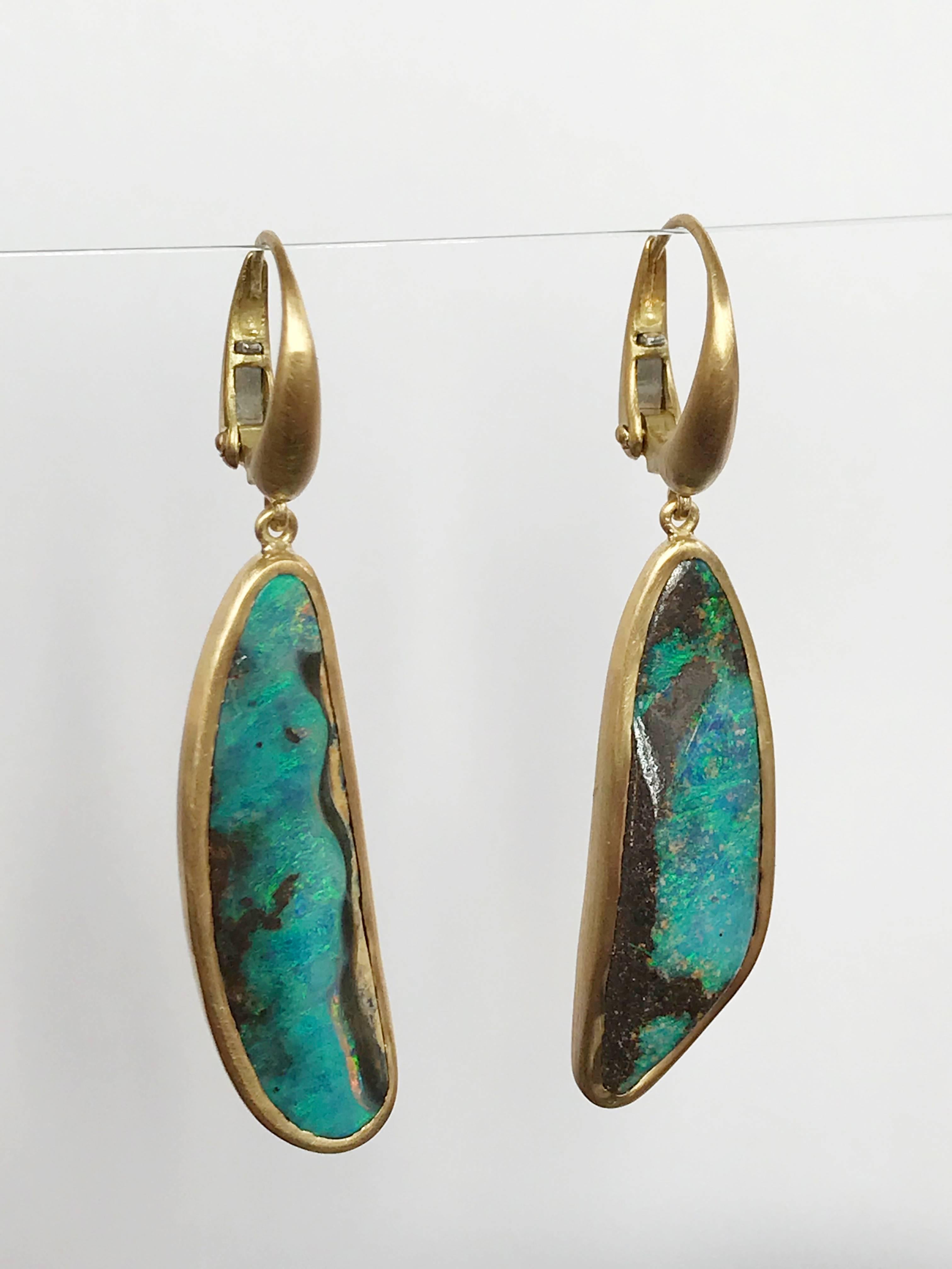 Contemporary Dalben Blue Australian Boulder Opal Yellow Gold Dangle Earrings