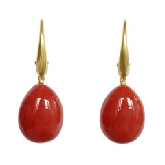 Dalben Design Drop Shape Mediterranean Red Coral Yellow Gold Earring