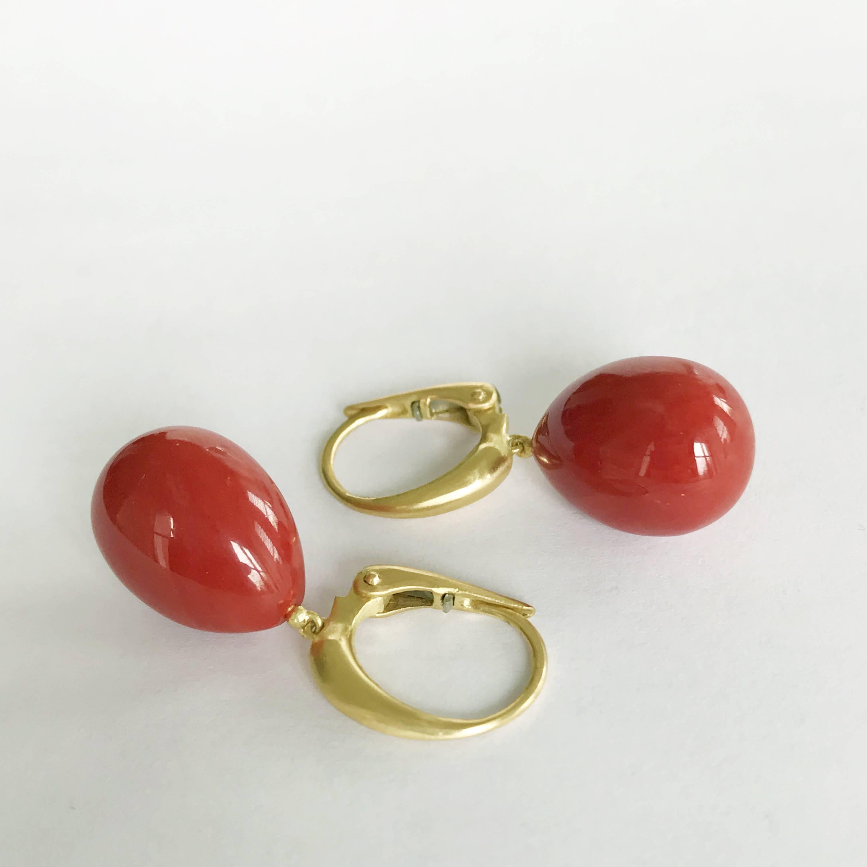Contemporary Dalben Design Drop Shape Mediterranean Red Coral Yellow Gold Earring