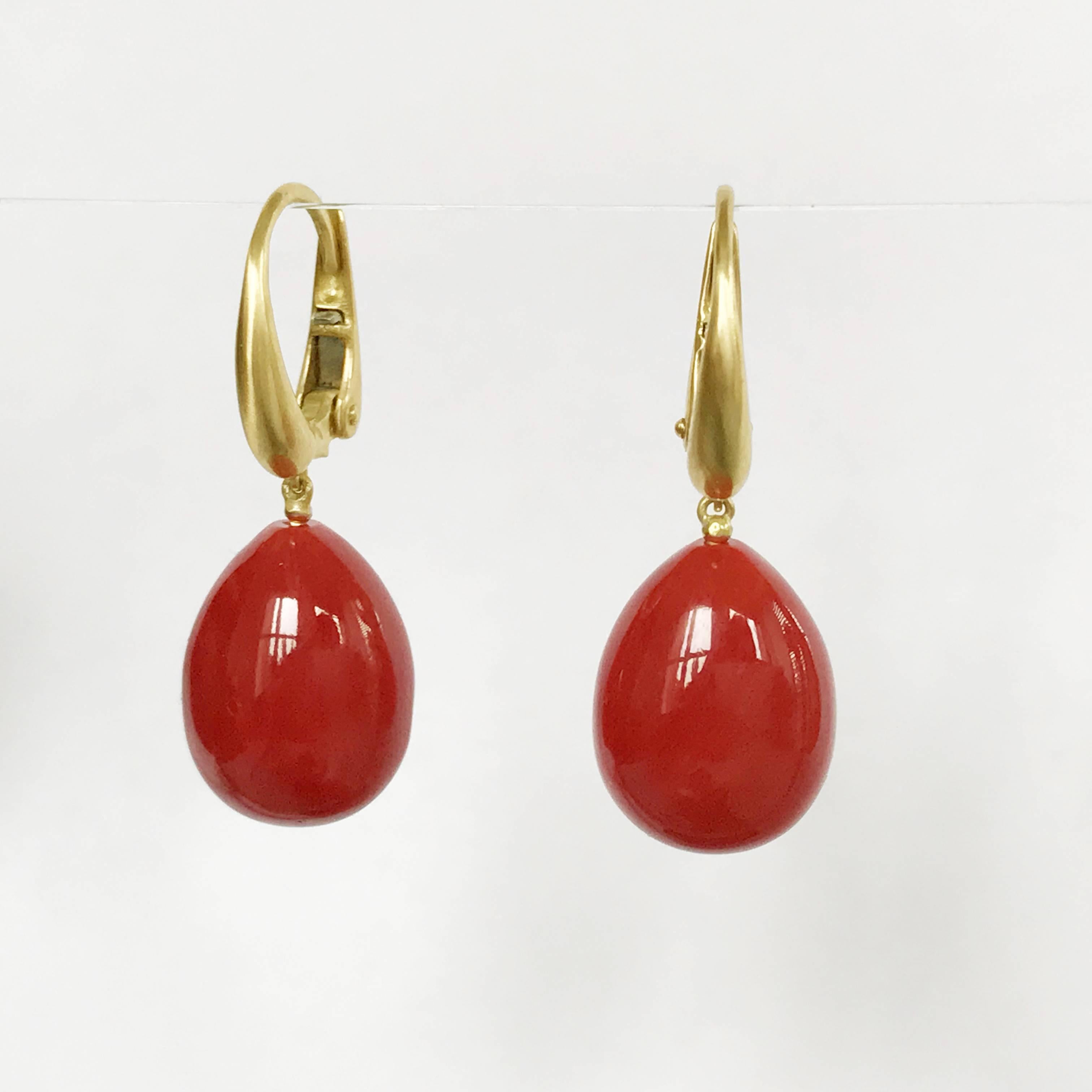 Dalben Design Drop Shape Mediterranean Red Coral Yellow Gold Earring In New Condition In Como, IT