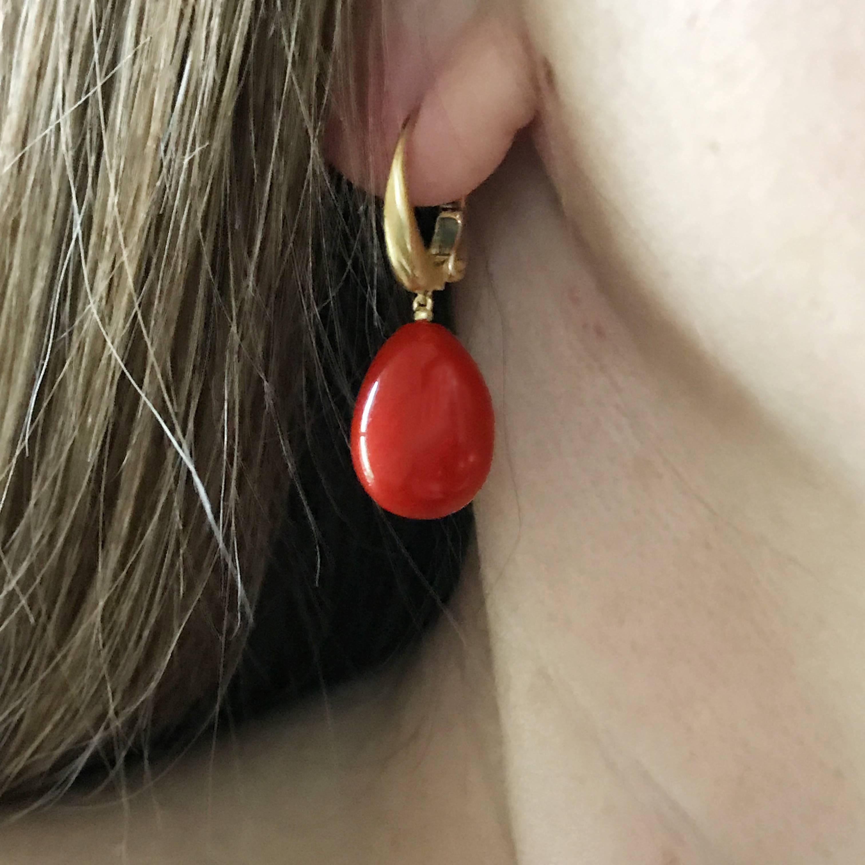 Dalben Design Drop Shape Mediterranean Red Coral Yellow Gold Earring 1