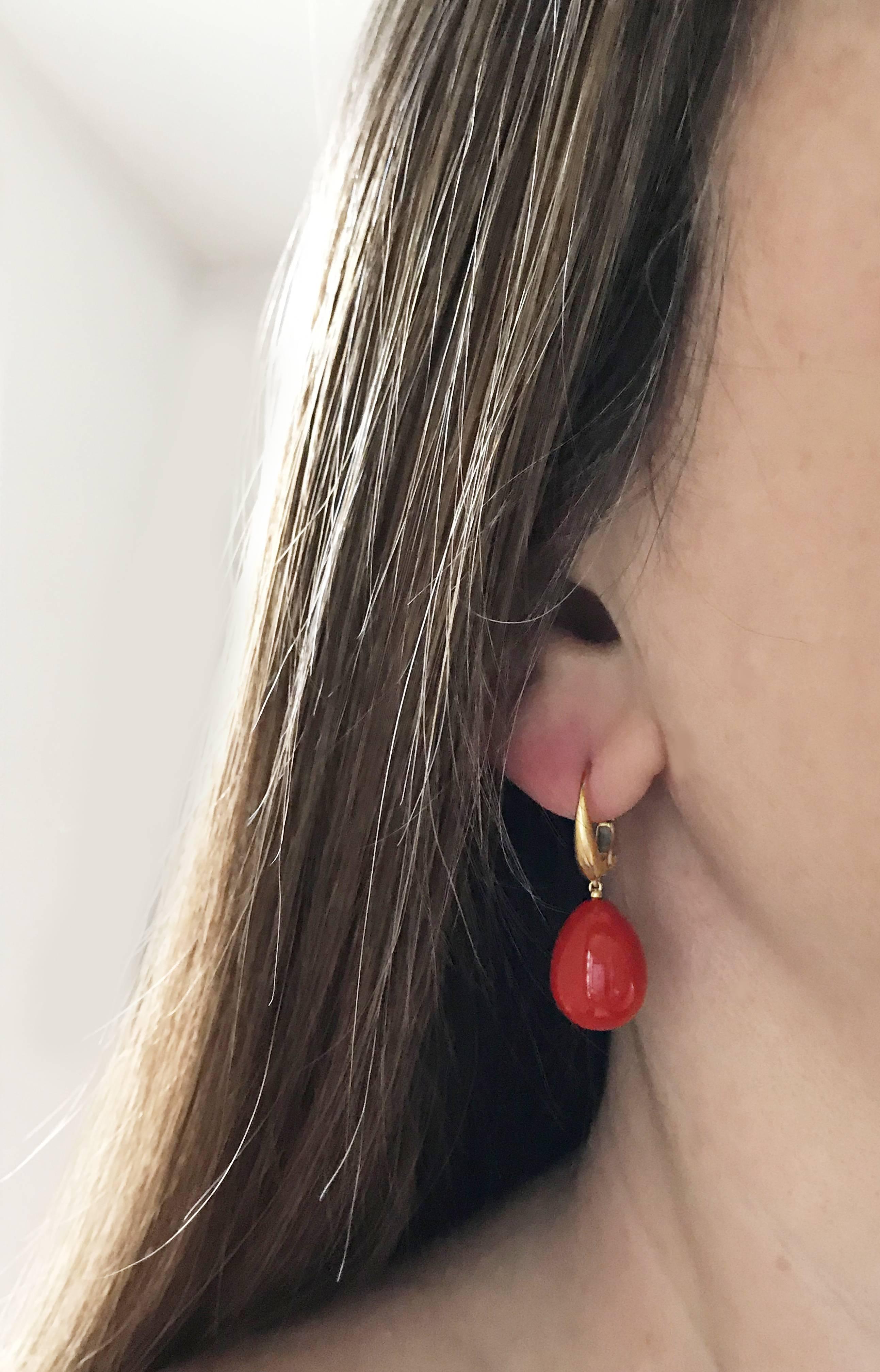 Dalben Design Drop Shape Mediterranean Red Coral Yellow Gold Earring 2