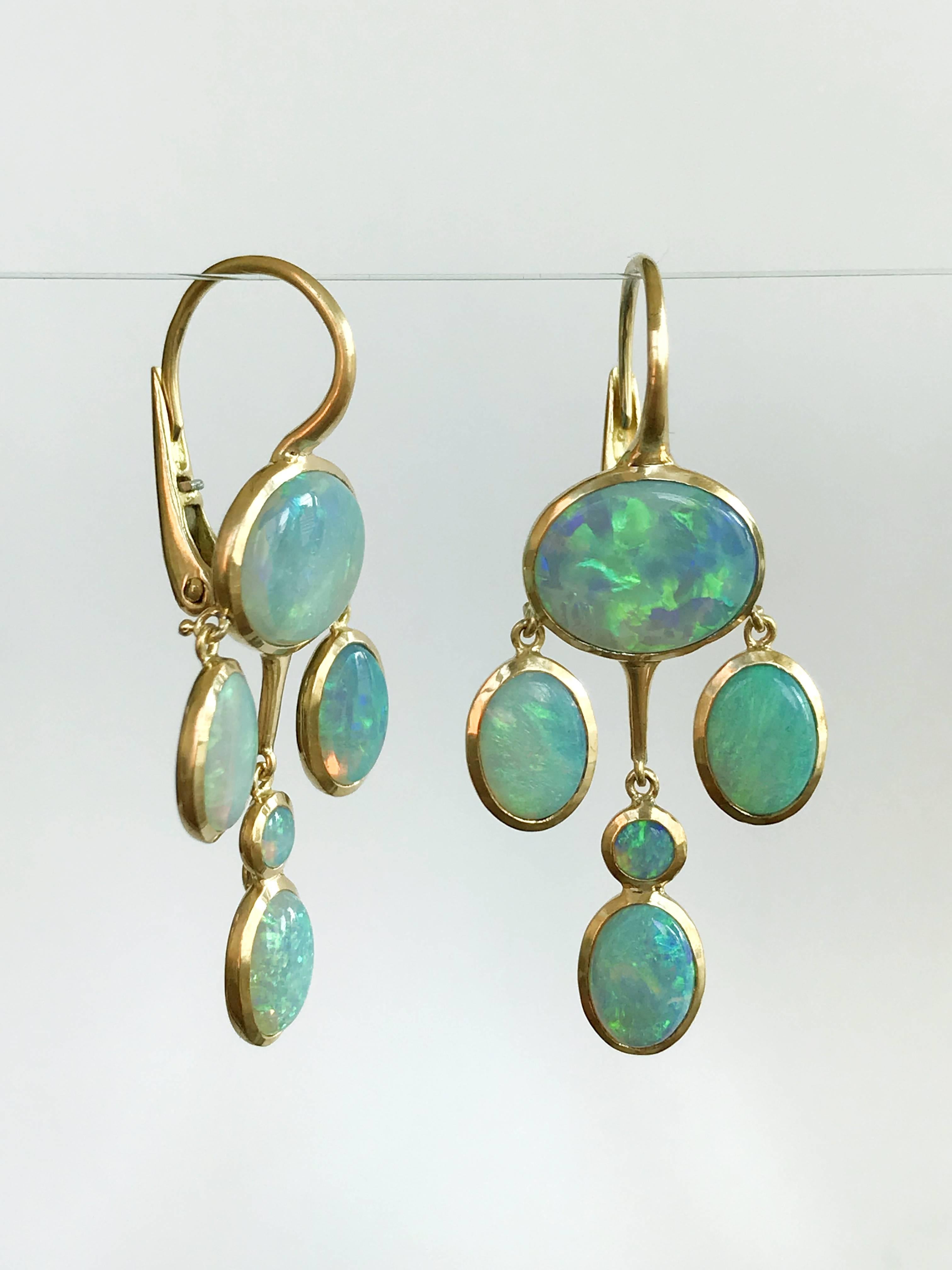Dalben design 18k yellow gold semi lucid finishing earrings with 10 bezel set Australian Opals .  
Dimension:  
max width 16 mm , 
height without leverback 28 mm  
height with leverback 37 mm 
The earrings has been designed and handcrafted in our