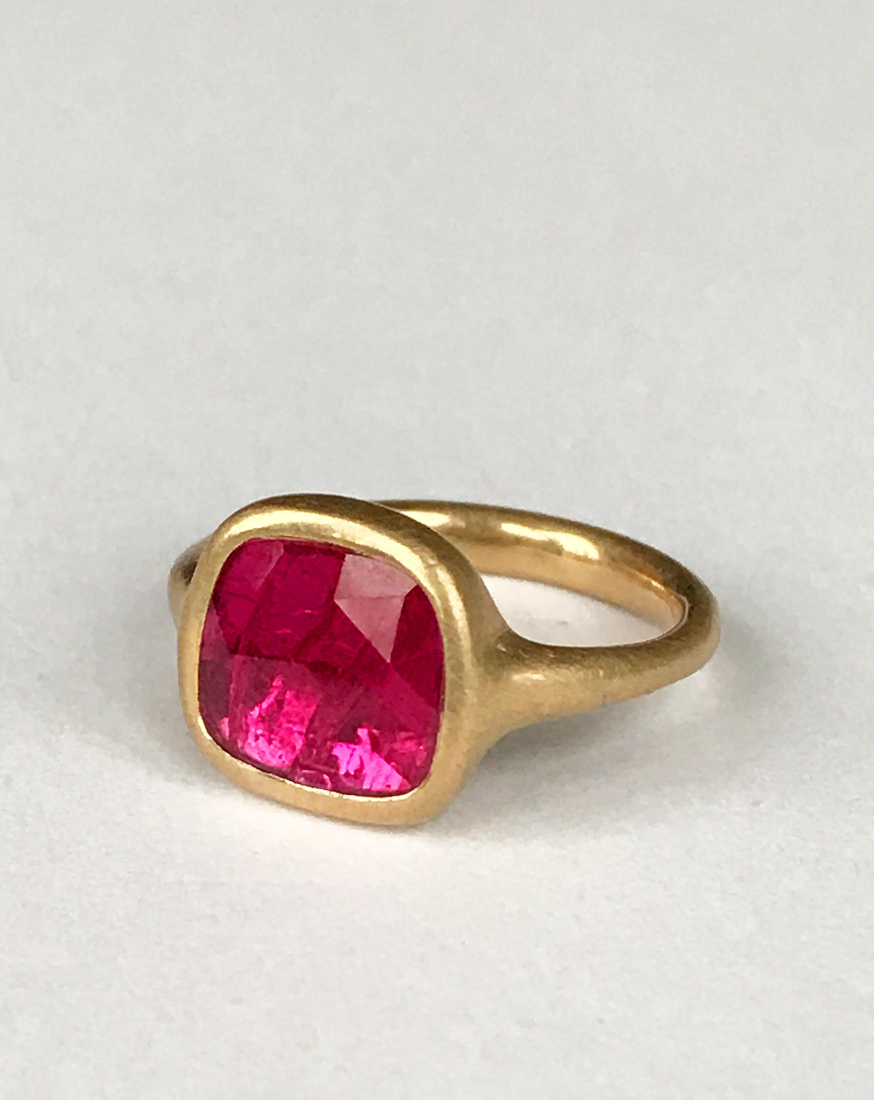 Dalben design One of a Kind 18k yellow gold matte finishing ring with a 1,69 carat bezel-set square shape rose cut slice ruby. 
Ring size 7 USA - EU 55 re-sizable to most finger sizes. 
Bezel stone dimensions :
height 11,5 mm
width 12,6 mm
The ring