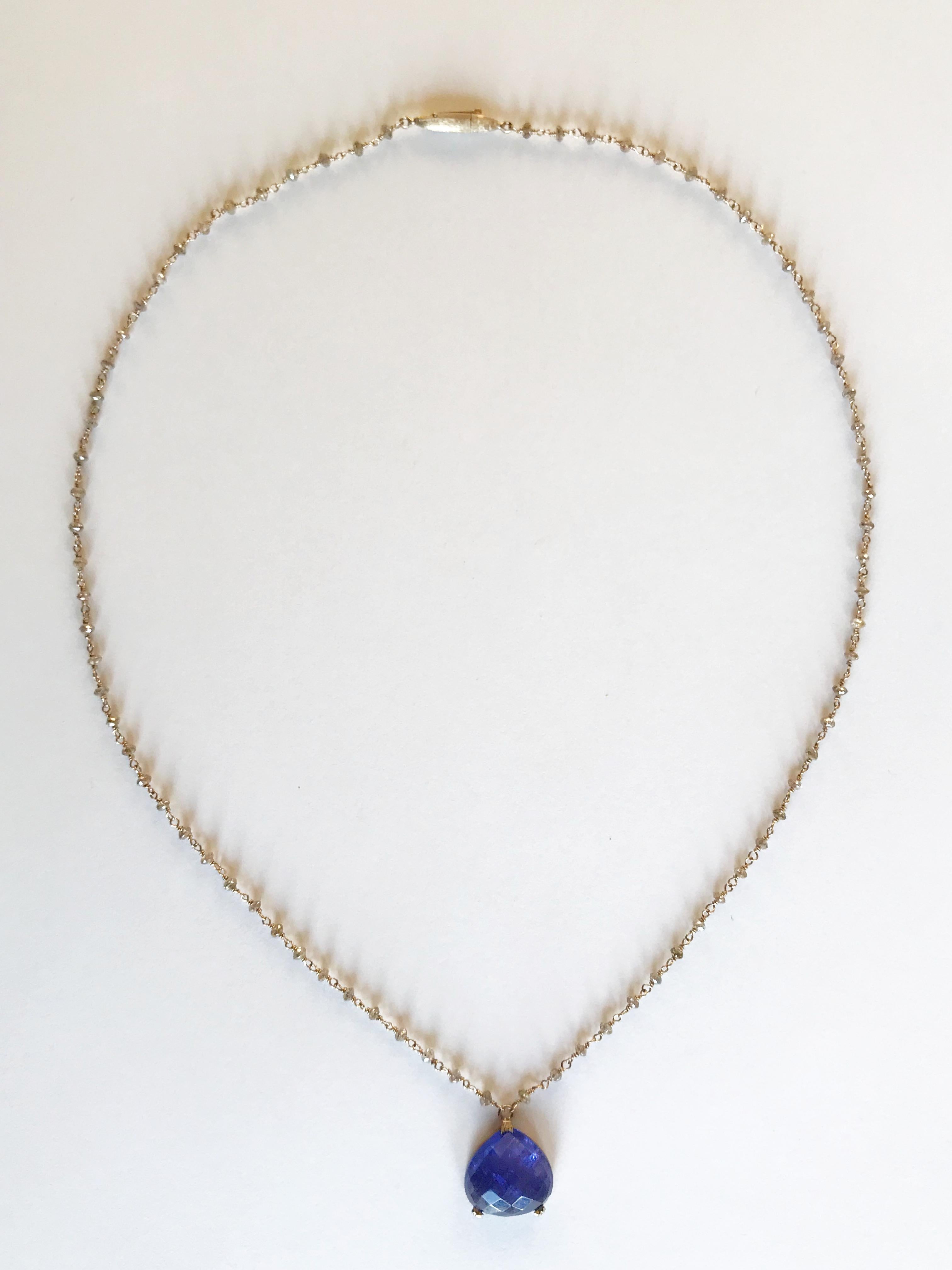 Pear Cut Dalben Tanzanite Diamond Gold Rosary Necklace