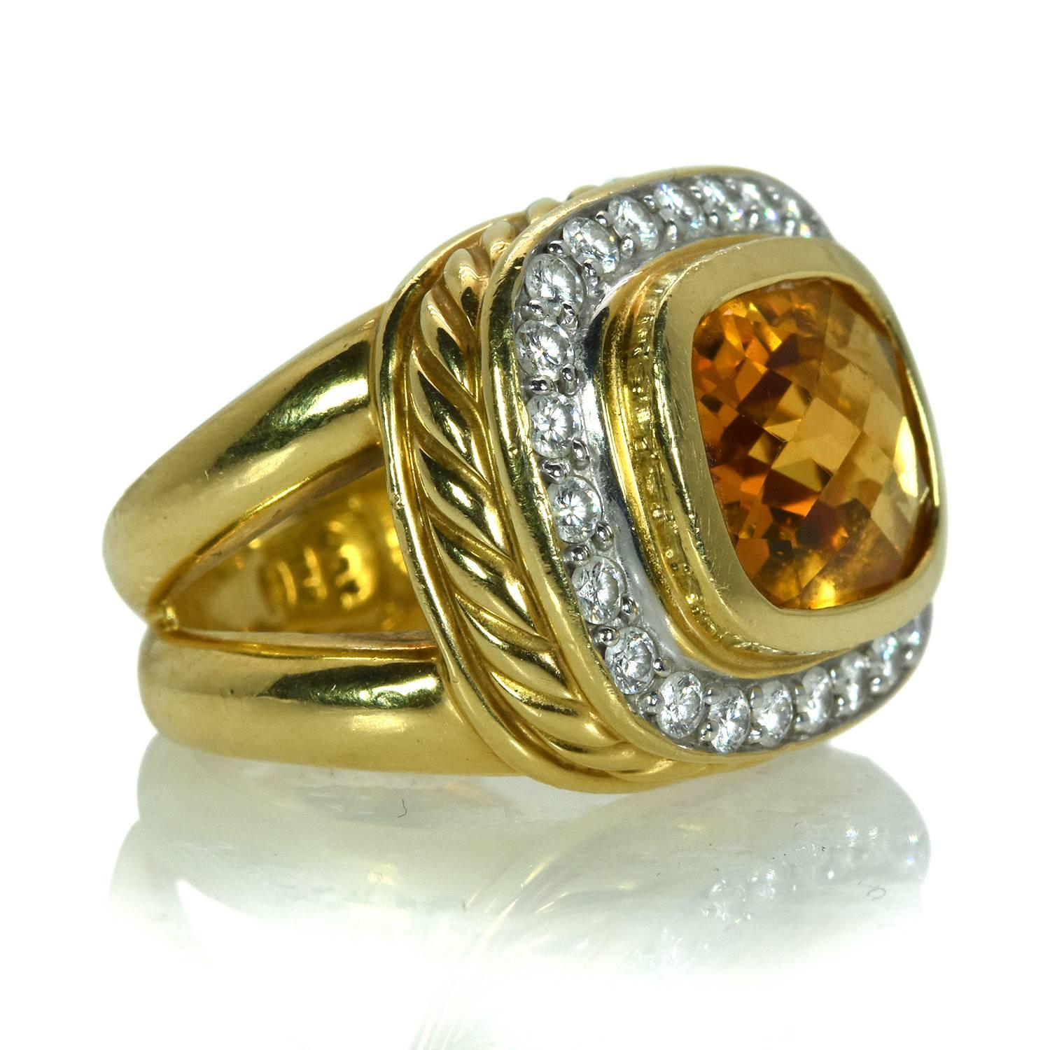 A Citrine and Diamond Ring by iconic American designer David Yurman, featuring 24 round brilliant cut diamonds totaling approximately 0.75 carats set in 18k Yellow Gold and signed by David Yurman. Size 5.